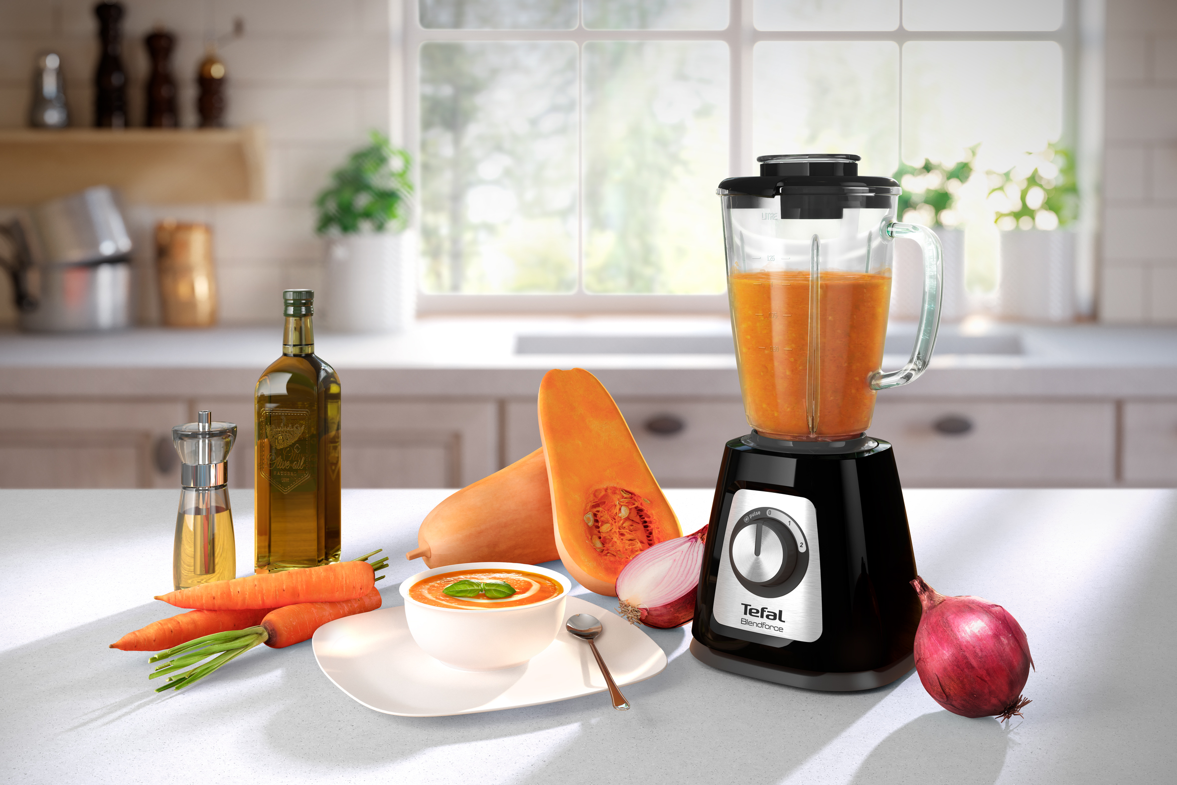 Kitchen scene with a blender, vegetables, and soup bowl on a white table.