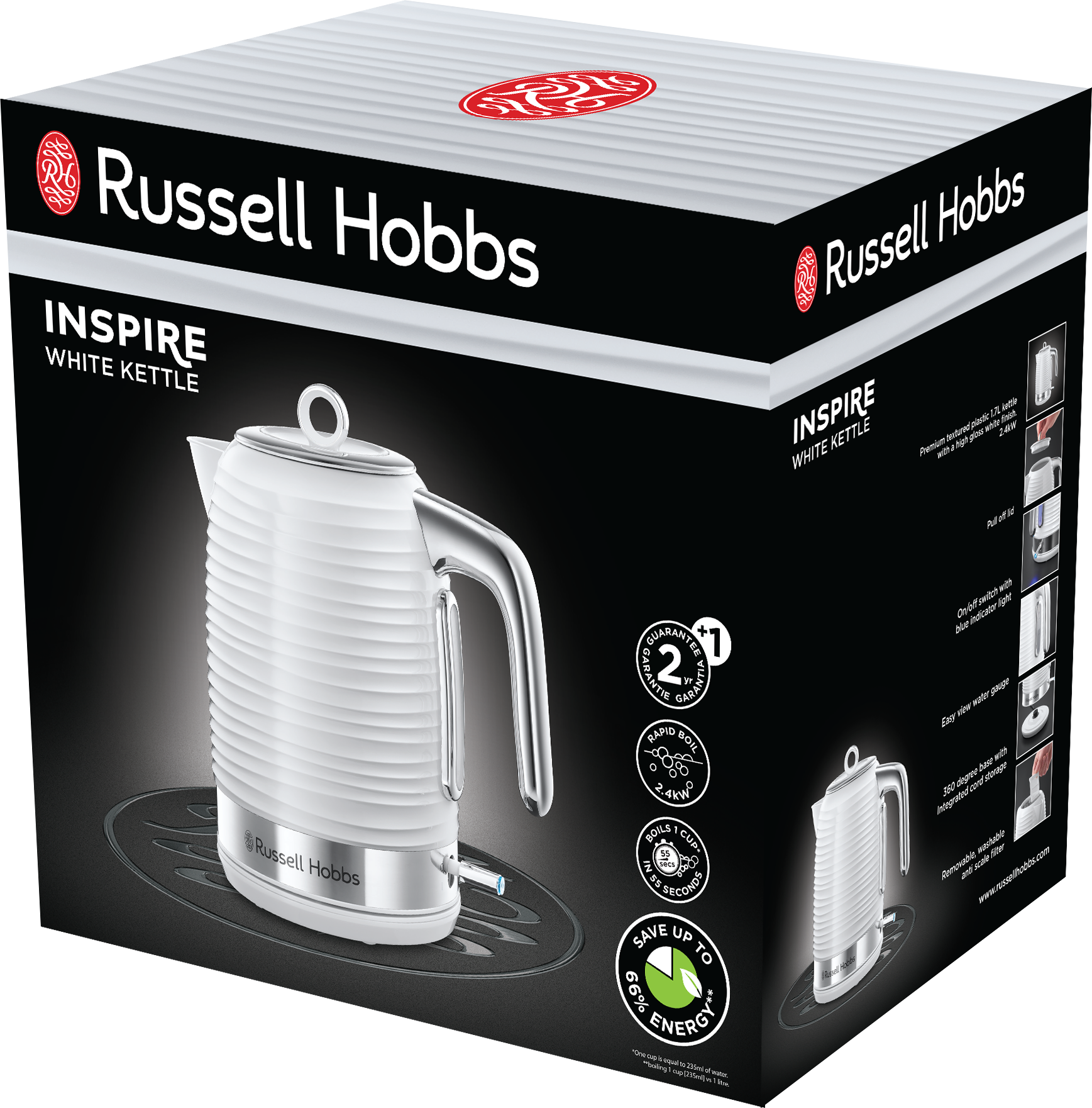Egy fehér és ezüst Russell Hobbs vízforraló a dobozában, szöveggel és képekkel a doboz oldalán.
