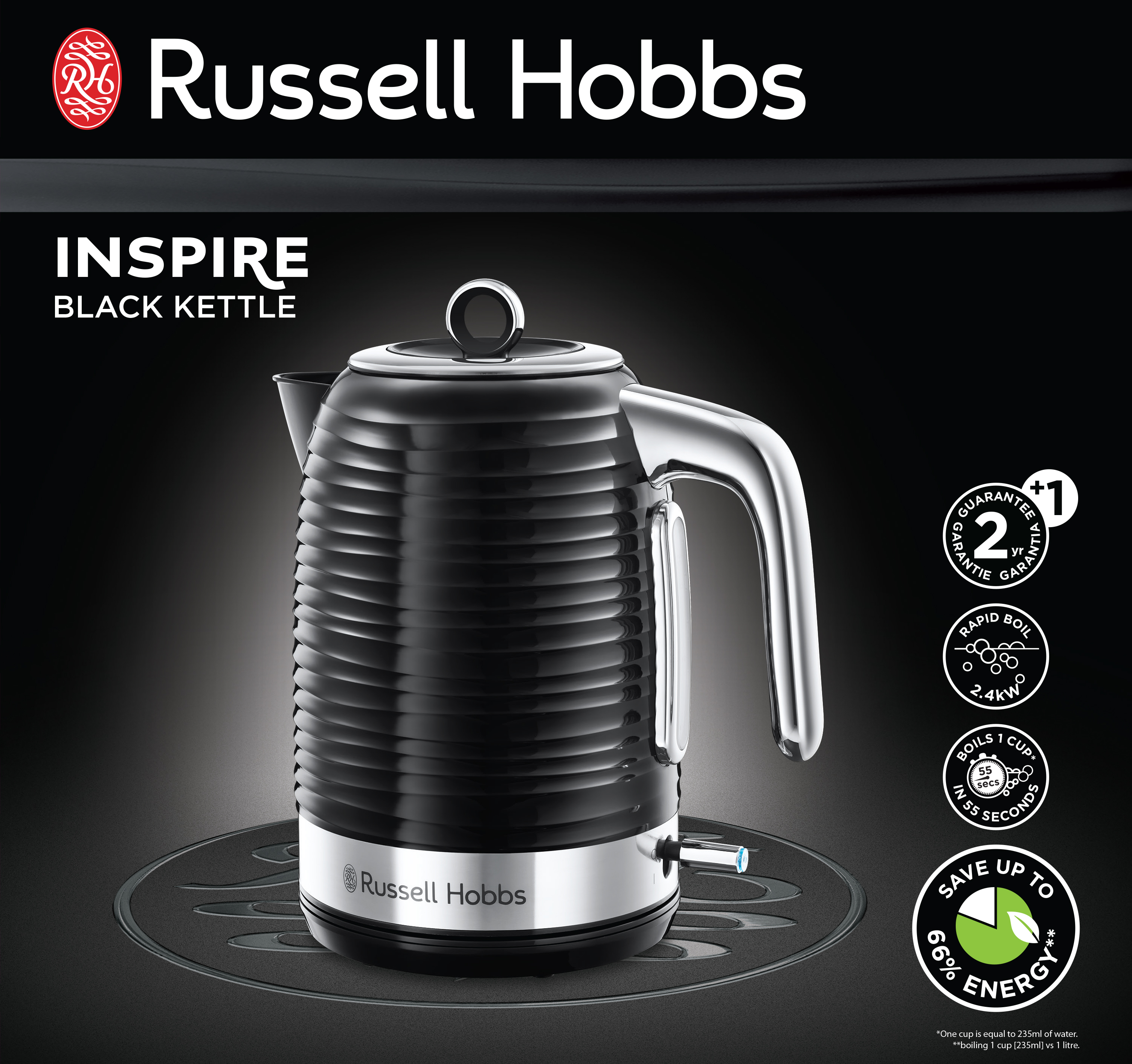 Fekete Russell Hobbs Inspire vízforraló ezüst díszítéssel, termékinfóval.
