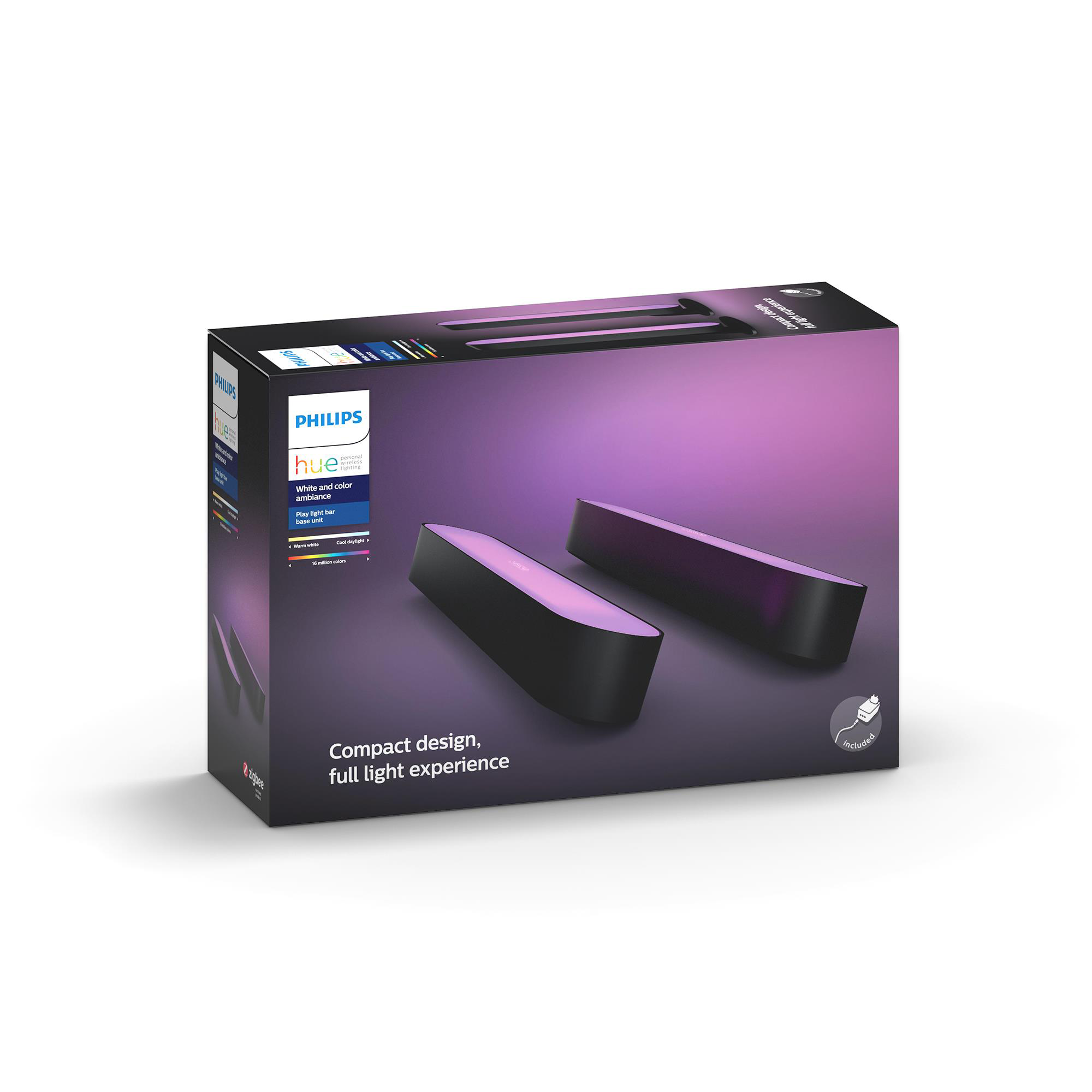Box with two black Philips Hue light bars emitting purple light.