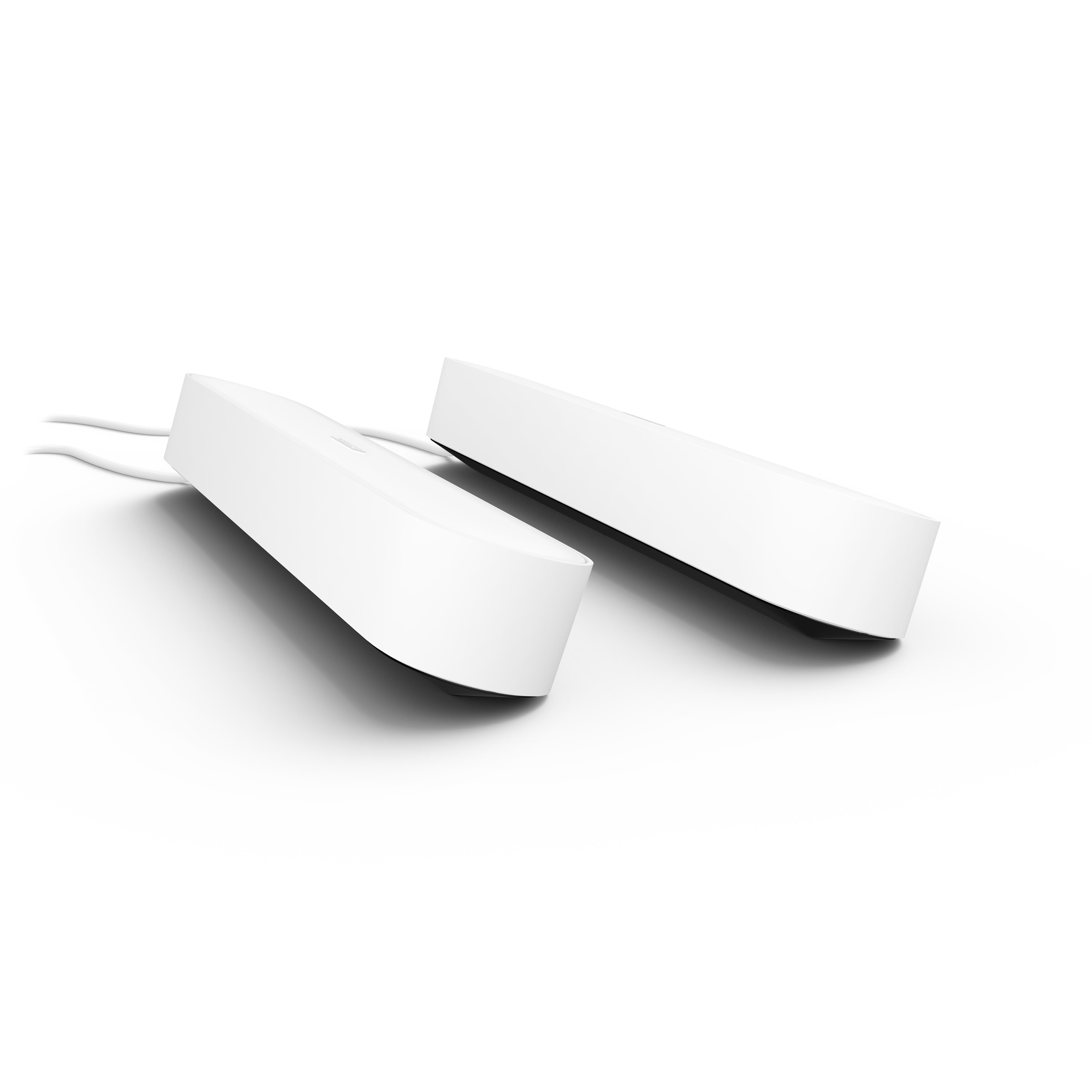 Twee witte, rechthoekige lichtbalken op een wit oppervlak. Witte achtergrond.