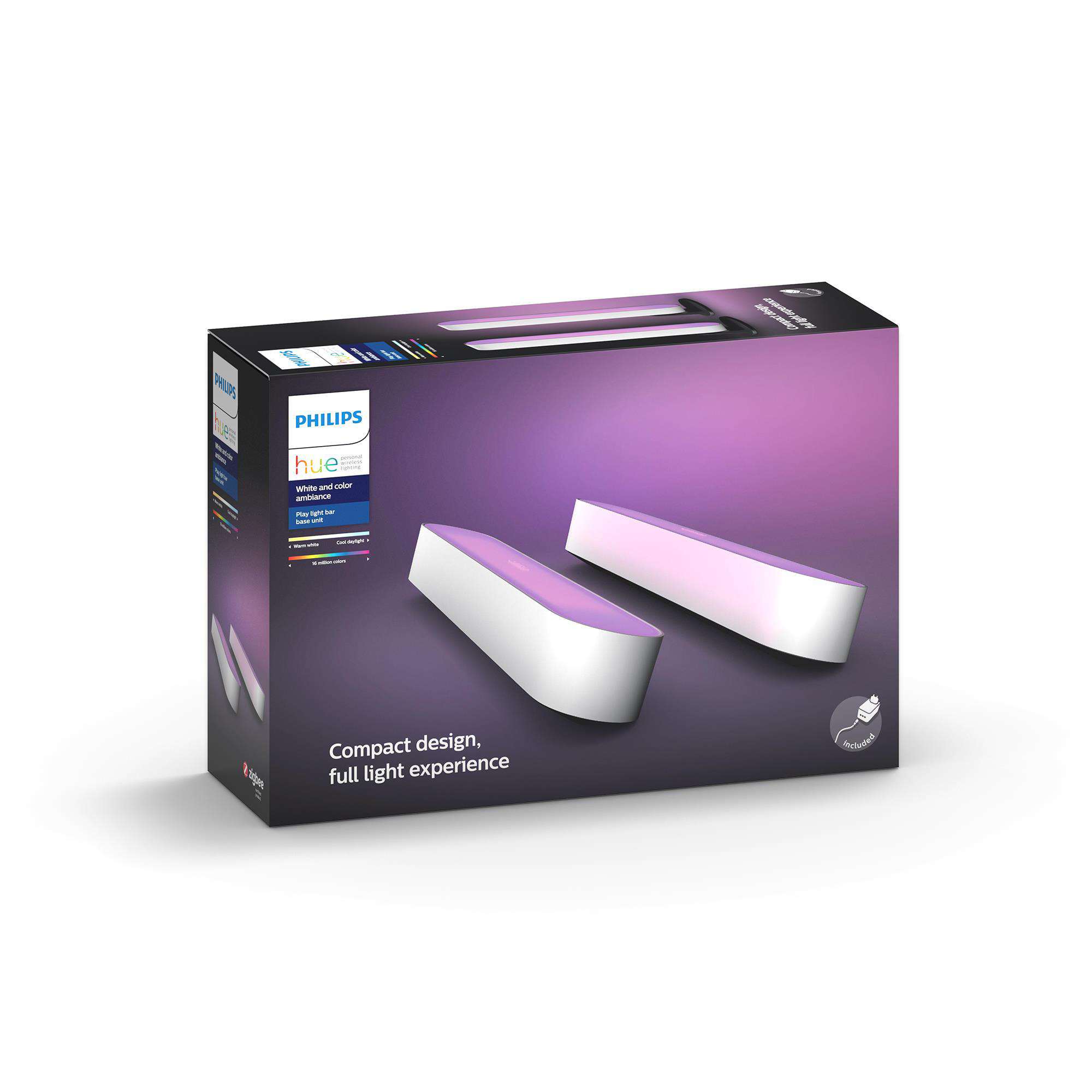Doos met Philips Hue-lampen. Twee lichtbalken zijn zichtbaar. Paarse en witte kleur.