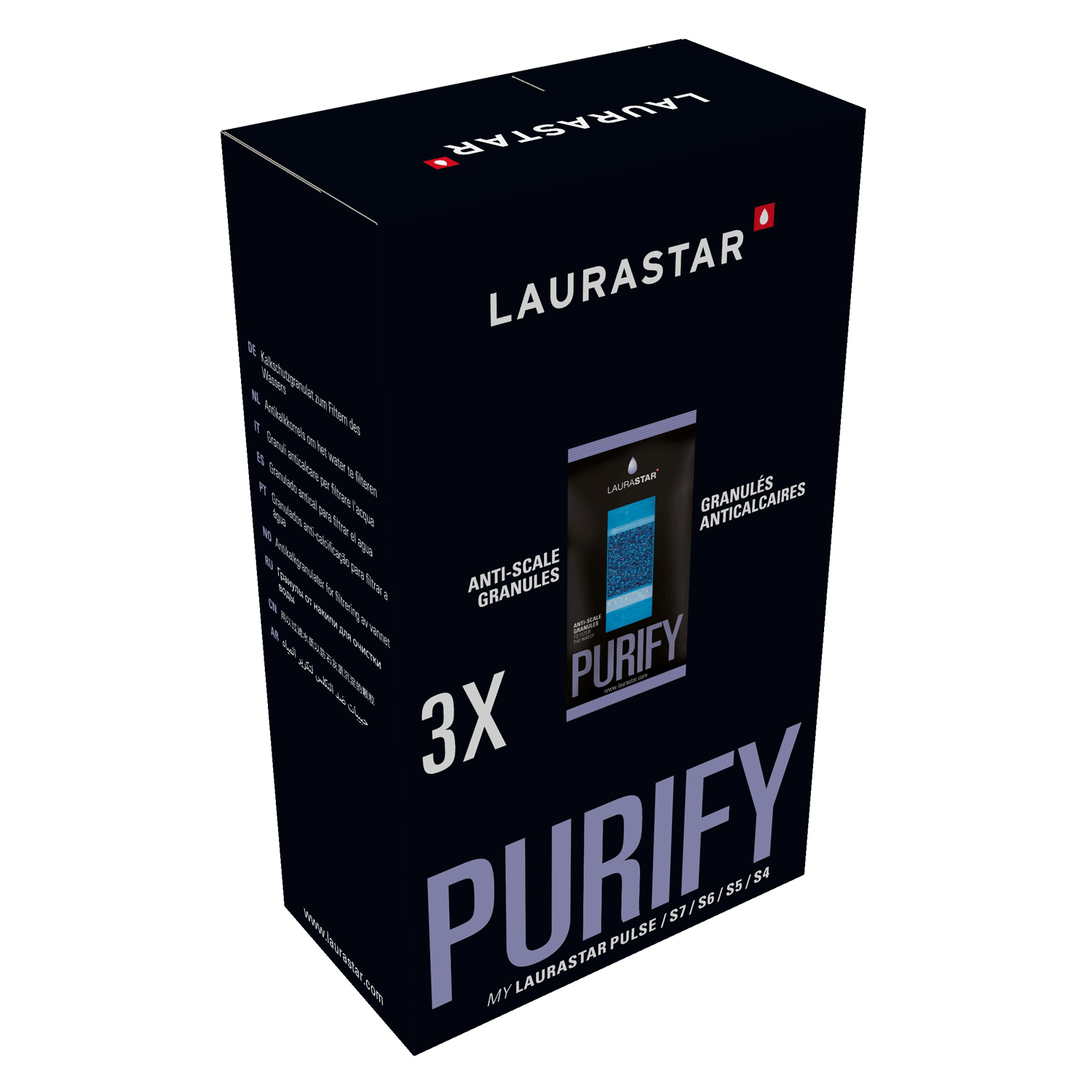 Scatola nera di granuli anticalcare Laurastar, etichettata 'Purify', con dettagli testo.