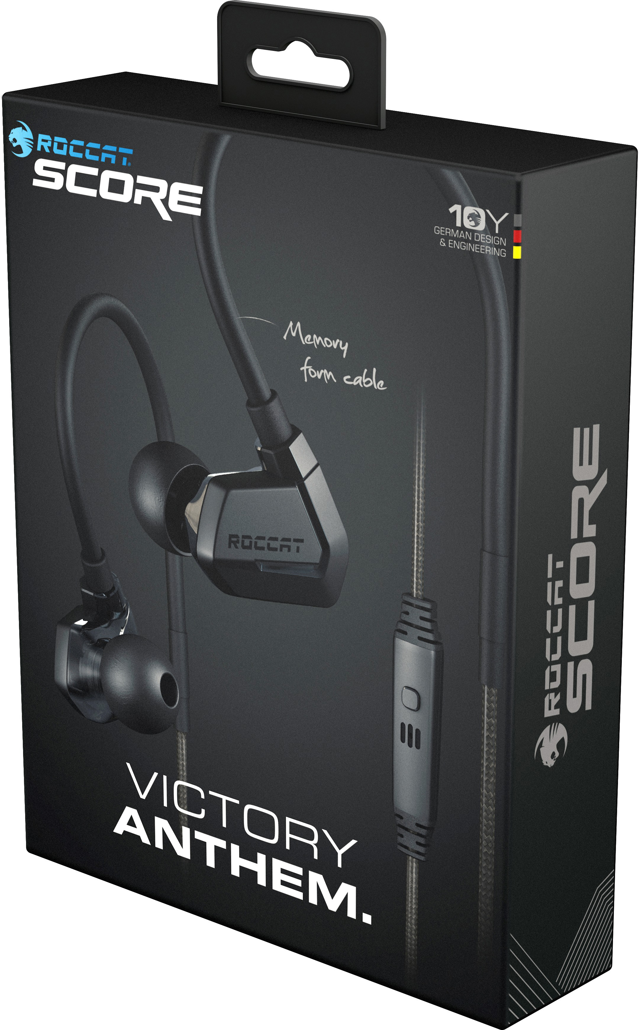 Eine schwarze Box mit Kopfhörern. Die Box hat Text und ein Headset-Bild.