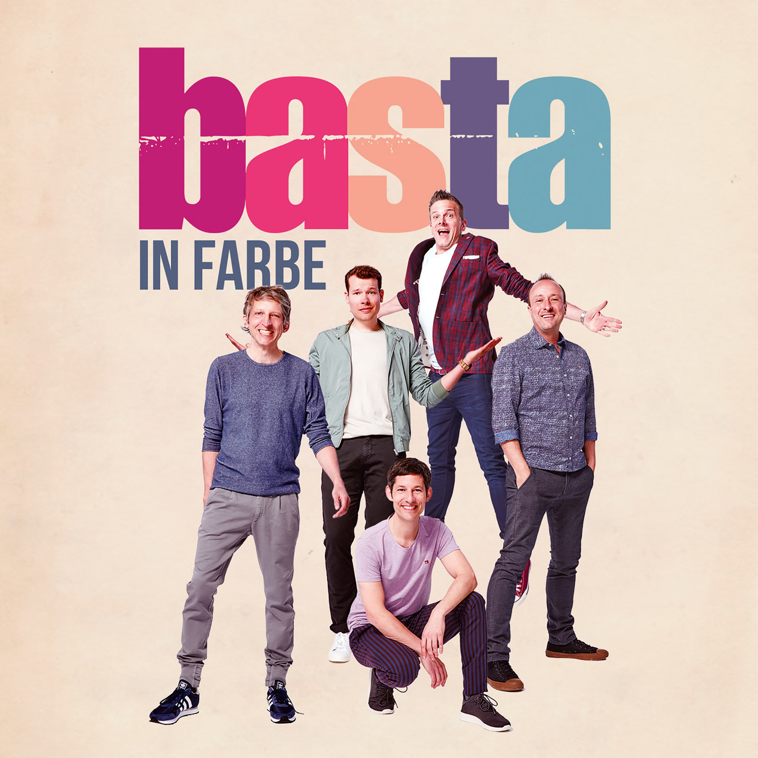 Eine Gruppe von fünf Personen in einem farbenfrohen Bild. Text: basta, in Farbe.