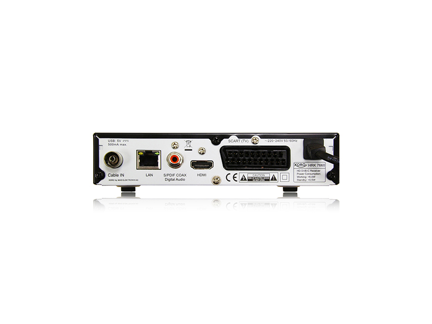 Rückansicht eines schwarzen Digitalreceivers mit verschiedenen Ein-/Ausgängen auf weißem Grund.