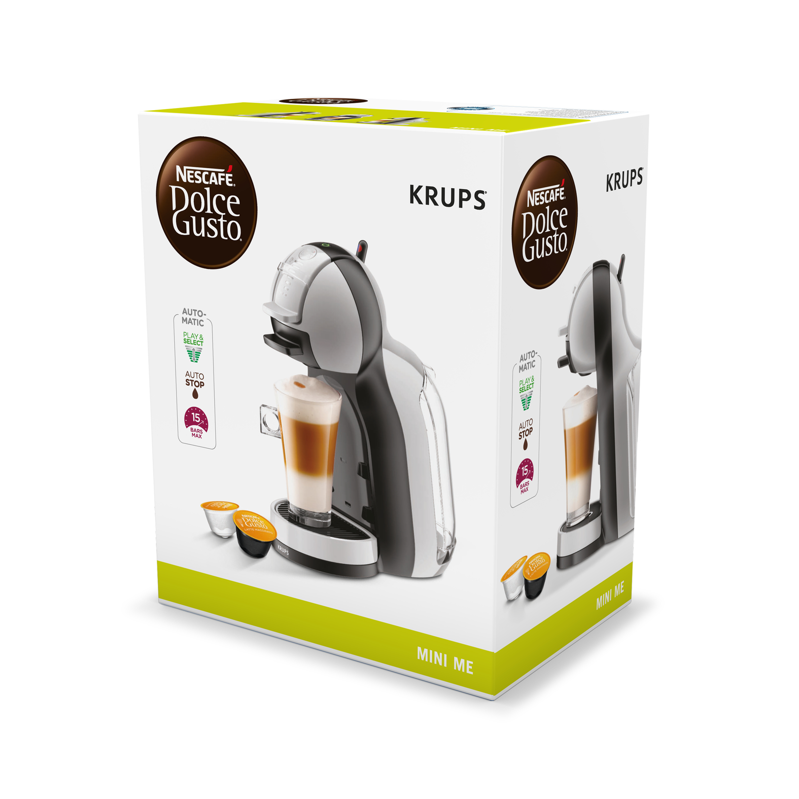 Witte en grijze Nescafe Dolce Gusto koffiemachine, met een latte. Doos op een wit oppervlak.