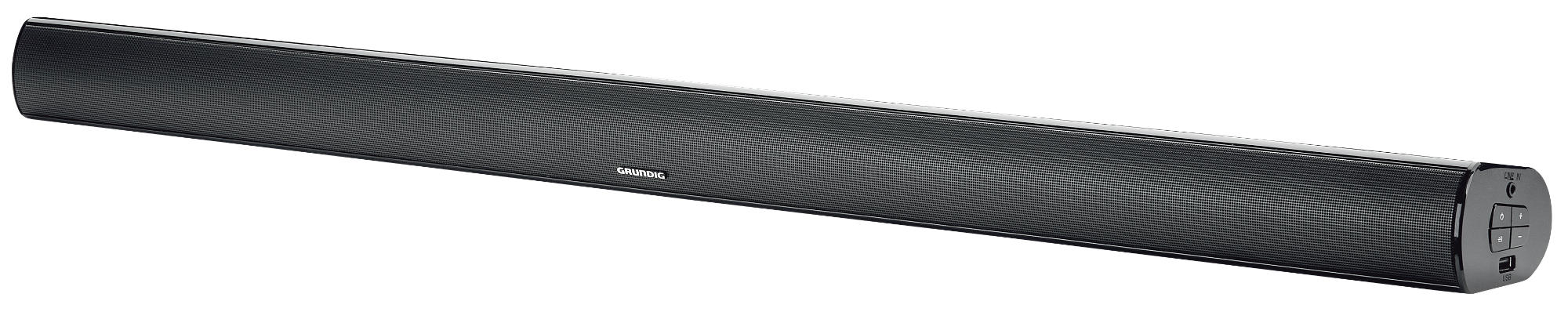 Eine lange, schwarze Soundbar mit dem Grundig-Logo, horizontal platziert.