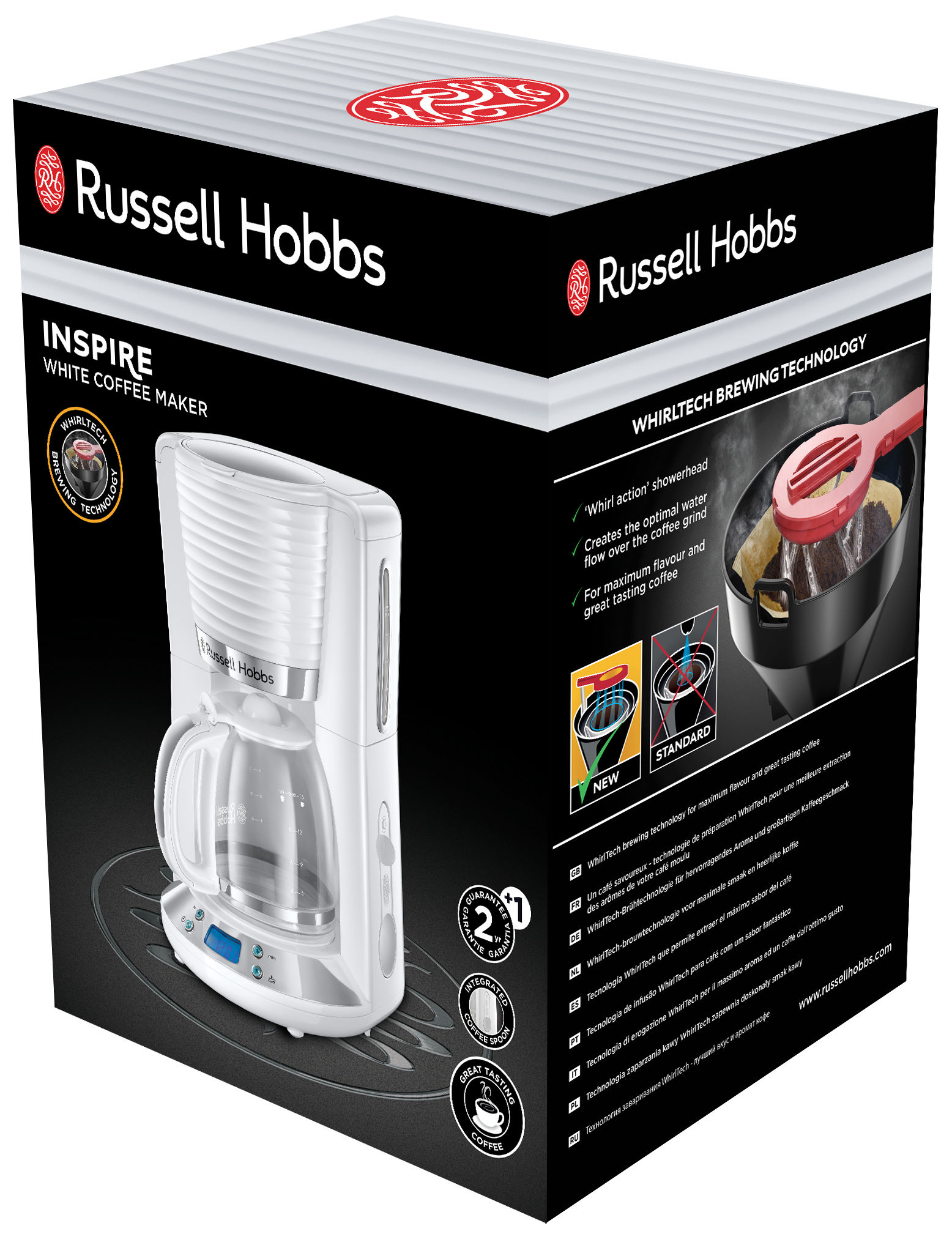 Fehér Russell Hobbs kávéfőző dobozban, termékadatokkal és Whirltech technológia leírással.
