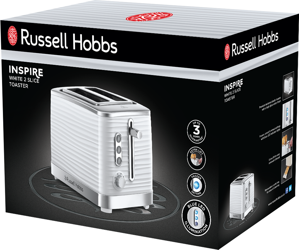 Fehér Russell Hobbs kenyérpirító a dobozában, a kenyérpirító közeli képével az elején.
