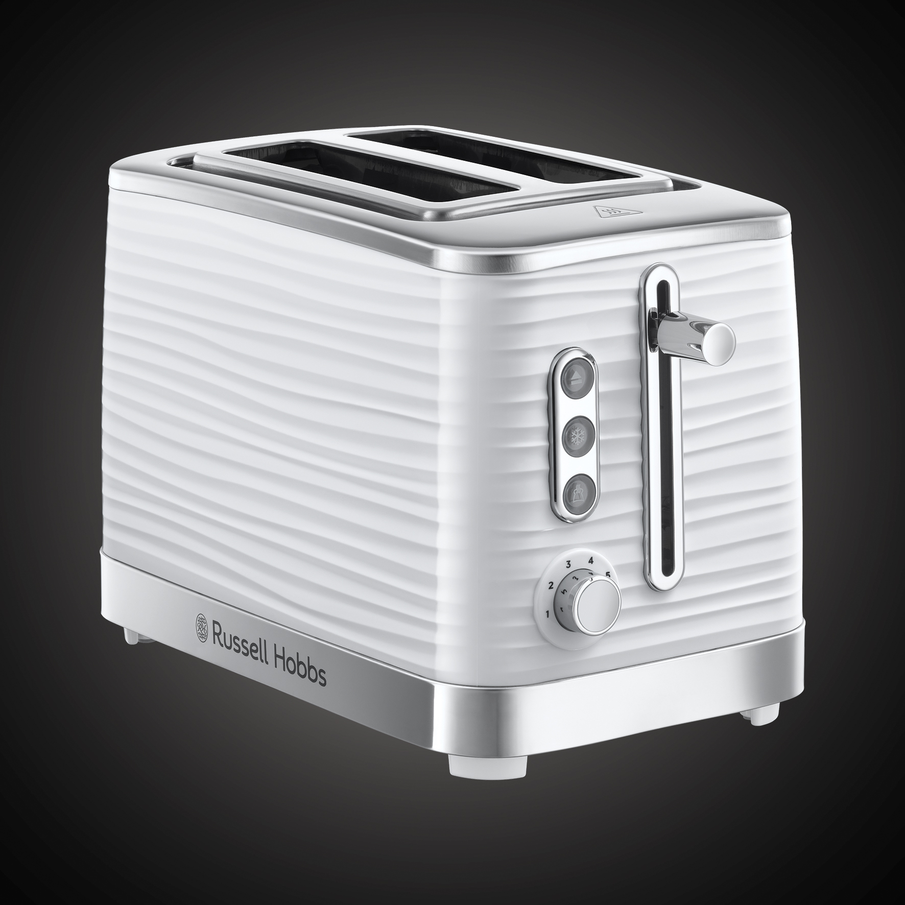 Fehér és ezüst Russell Hobbs kenyérpirító fekete háttéren. Két nyílással, vezérlőkkel és karral rendelkezik.