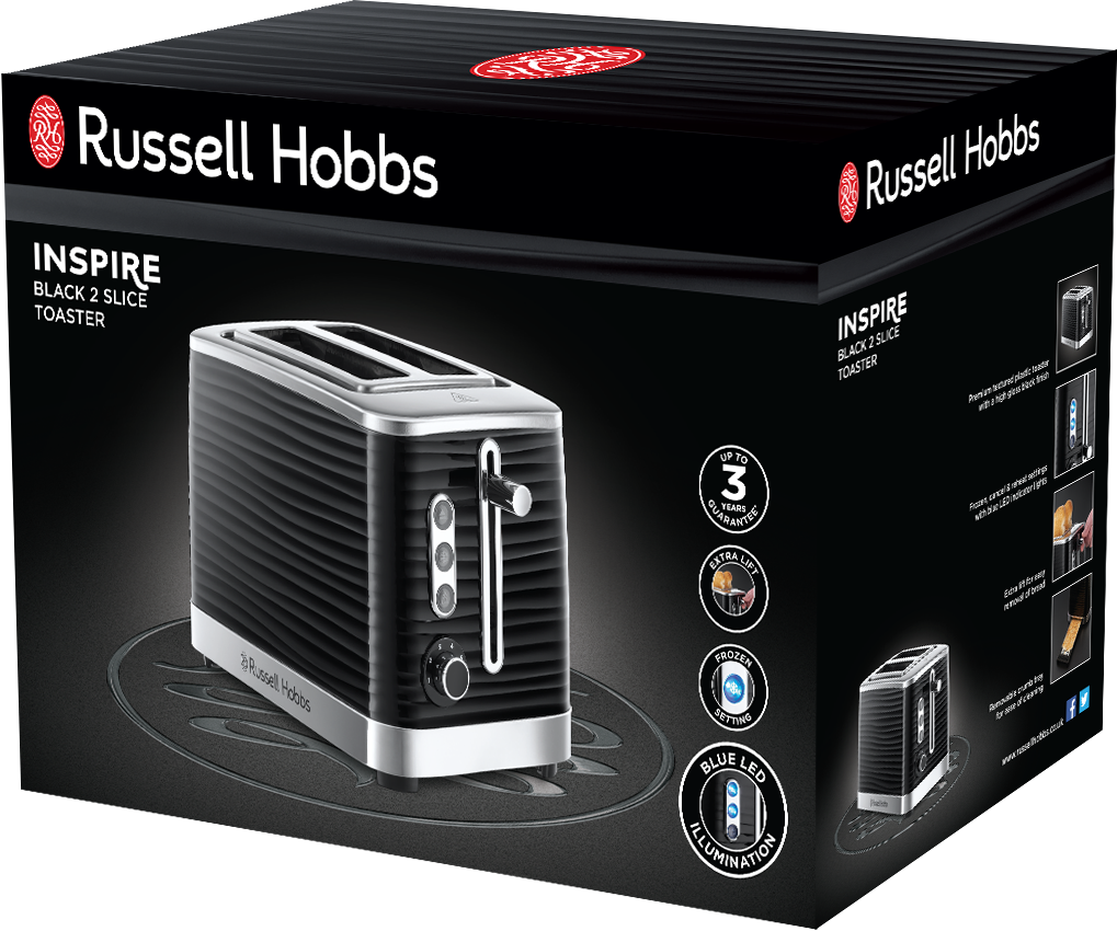 Fekete Russell Hobbs 2 szeletes kenyérpirító dobozban. Ezüst részletek, fekete doboz. Jellemzők: Fagyasztott, extra emelés, kék LED.