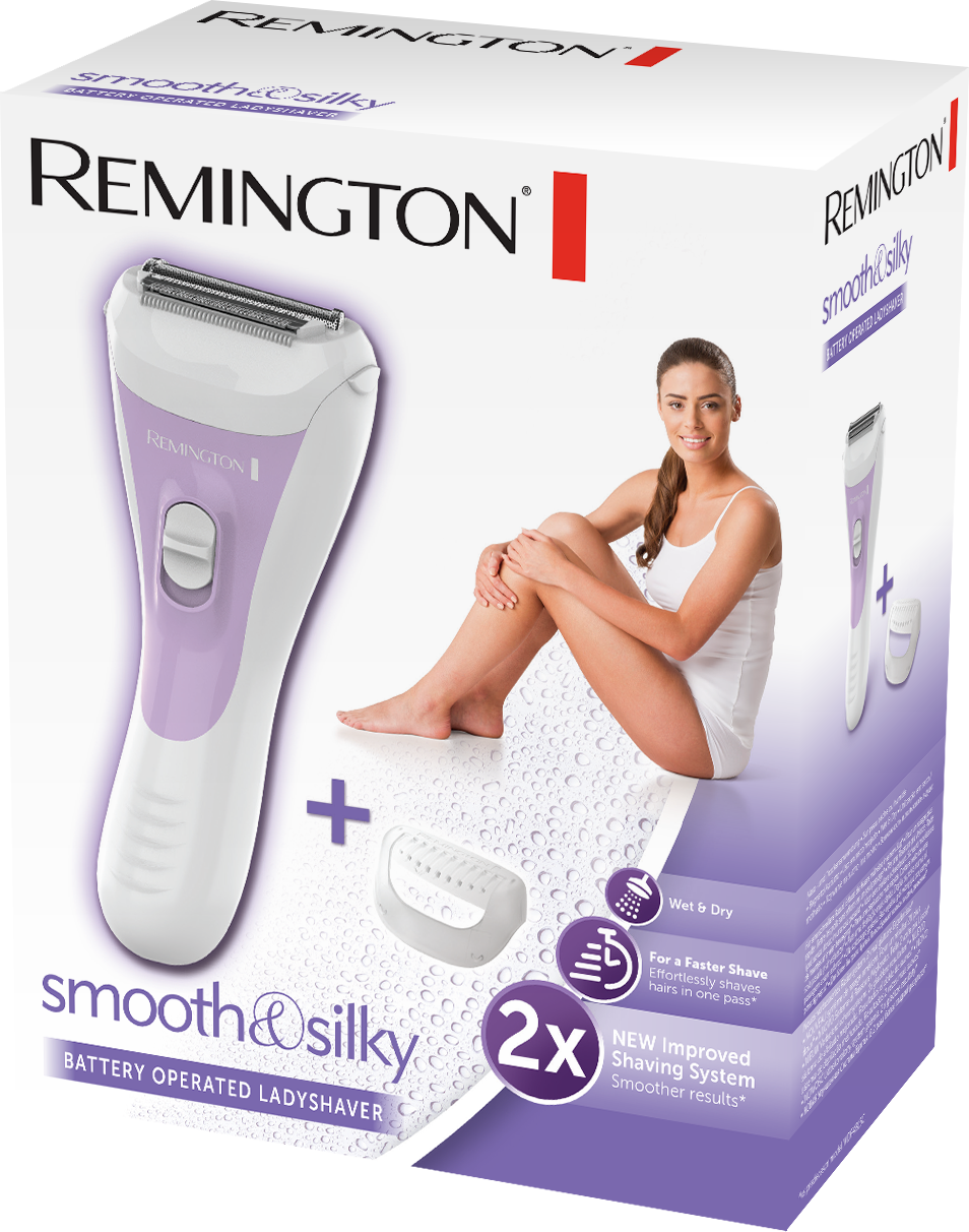 Remington smooth&silky női borotva doboza. A nő ül, a borotva és egy extra fej is látható.