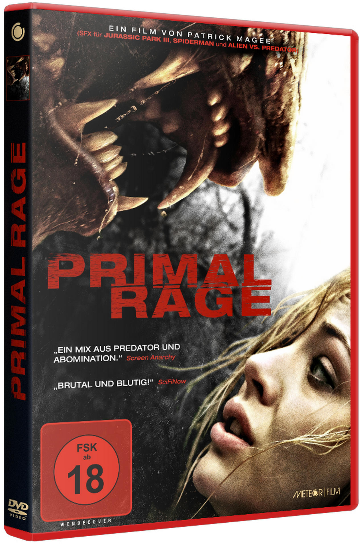 DVD-Cover mit einem Monster und einer Frau. Der Titel lautet Primal Rage. Ein roter FSK 18-Aufkleber ist sichtbar.