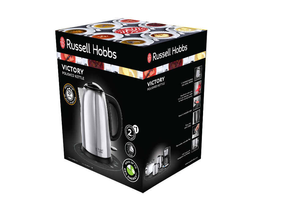 Russell Hobbs vízforraló doboza. A vízforraló képét és egyéb részleteket tartalmaz.