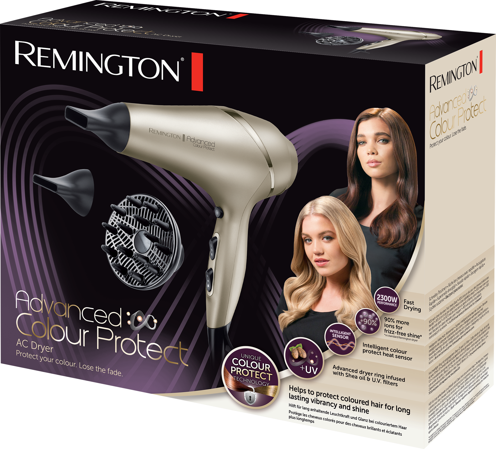 Remington hajszárító doboza. A terméket, szőke és barna hajú nőkkel mutatja.