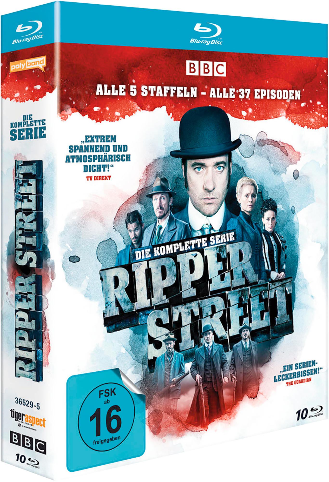 Ripper Street DVD-Box-Set. Schauspieler auf dem Cover. Blaues und rotes Farbschema.