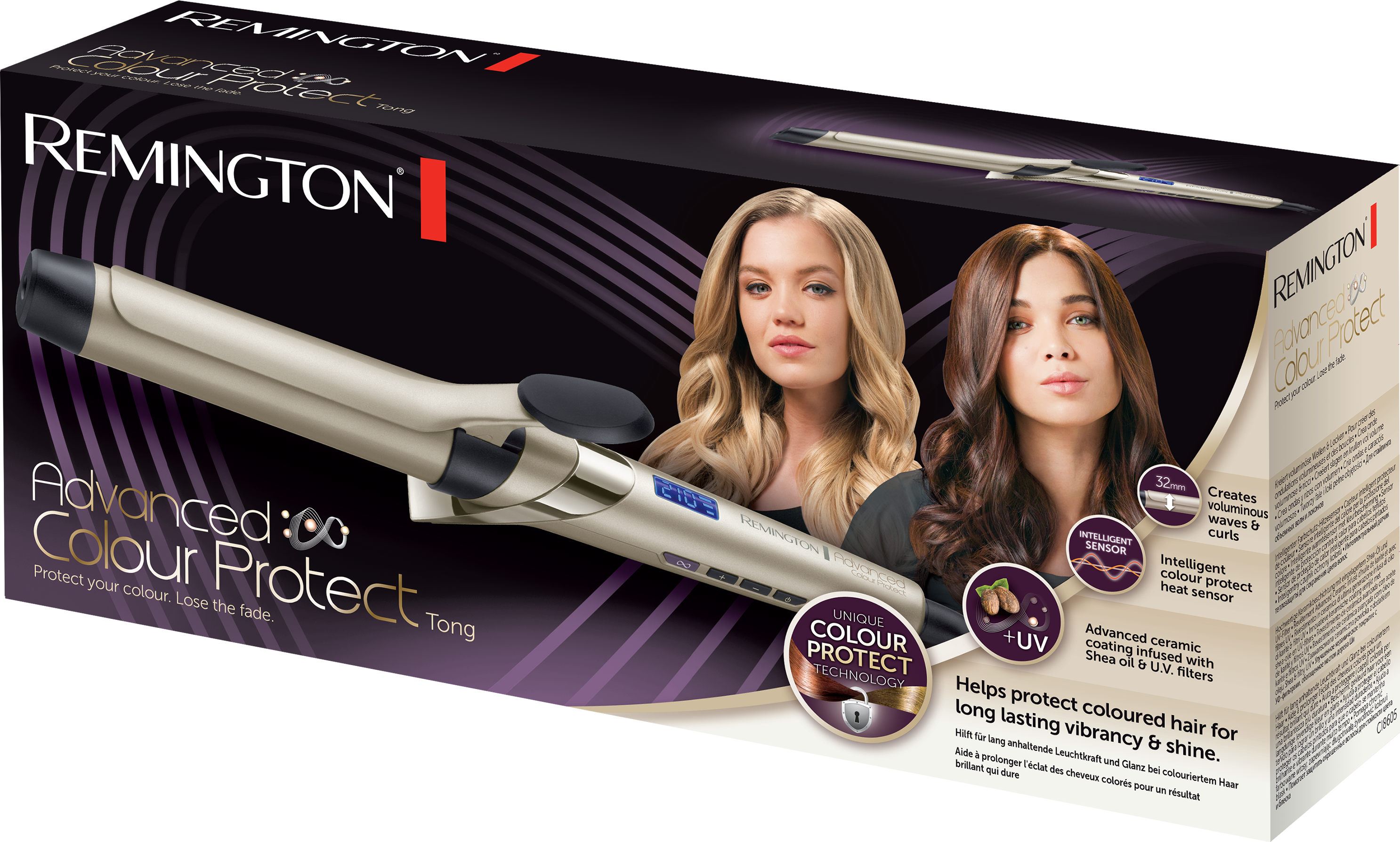 Remington Advanced Colour Protect hajgöndörítő doboza. Nőket és termékadatokat mutat.