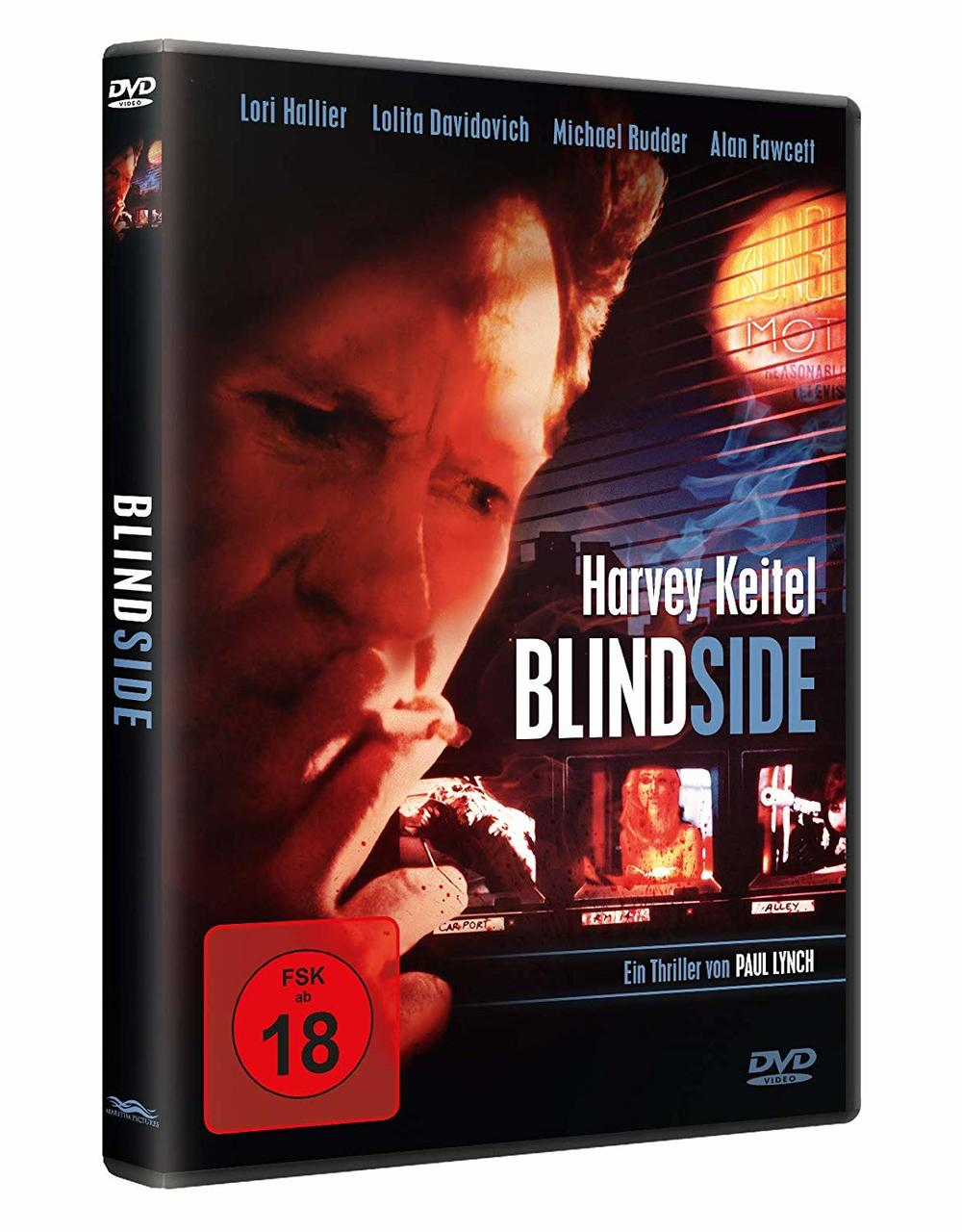 Eine DVD-Hülle mit einem Filmcover, das Harvey Keitel zeigt, mit dem Text 'BLINDSIDE'.