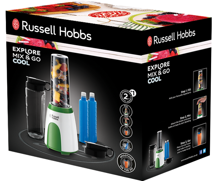 Russell Hobbs Explore Mix & Go Cool turmixgép doboza. A doboz turmixgépet, palackokat és útmutatót tartalmaz.