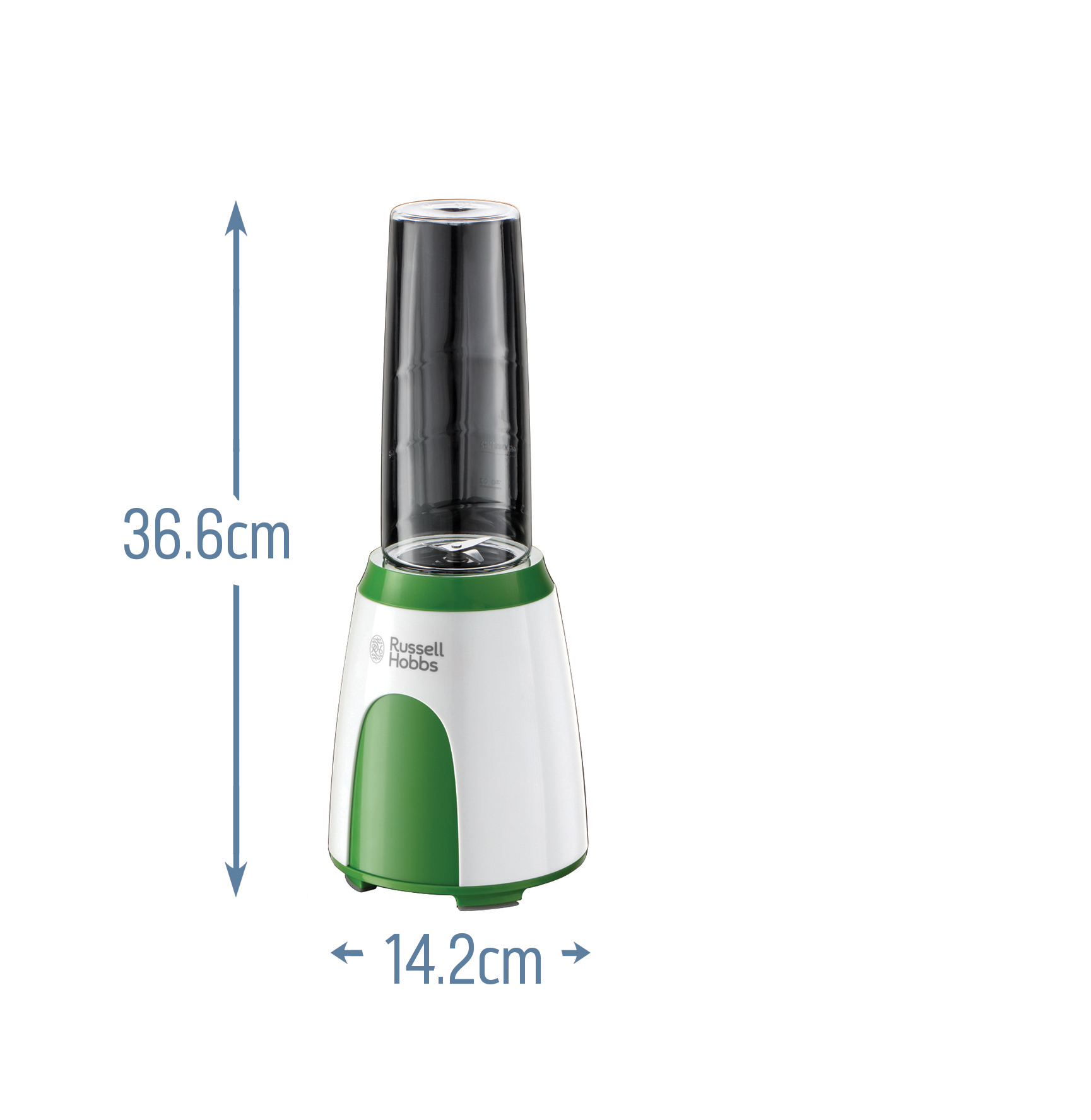 Fehér-zöld Russell Hobbs turmixgép, 36,6 cm és 14,2 cm méretekkel.