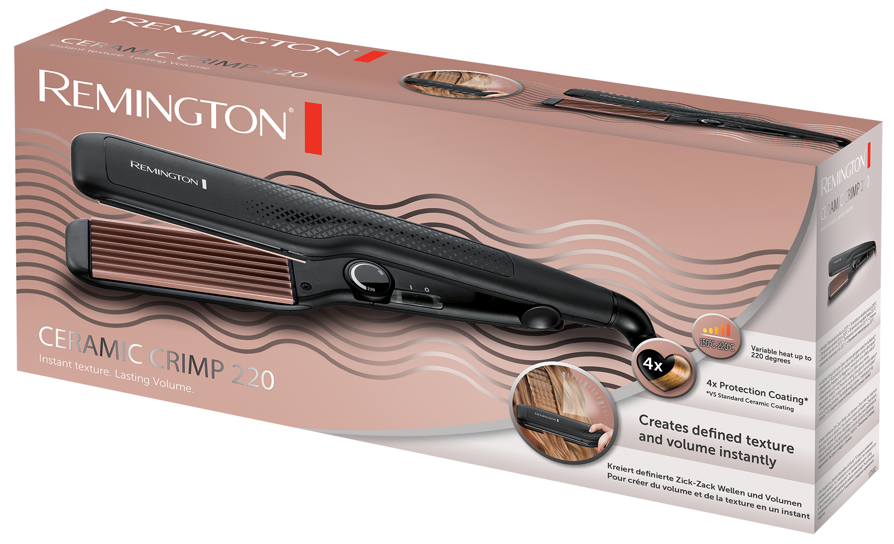 Remington hajformázó egy dobozban. A dobozban a hajformázó és annak jellemzői láthatók.