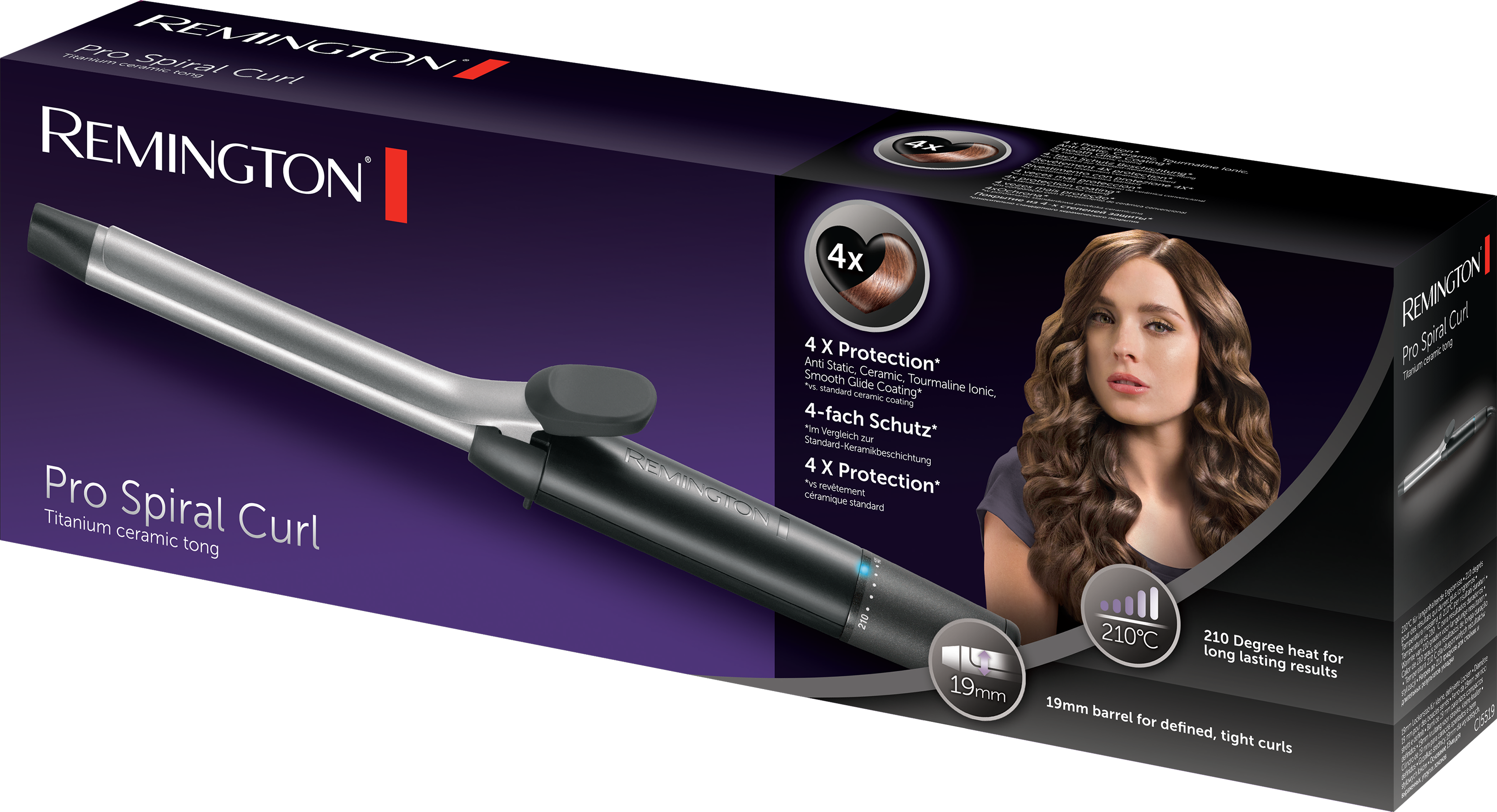 Dobozos Remington Pro Spiral Curl. Göndör hajú nő képpel. Fekete háttér.