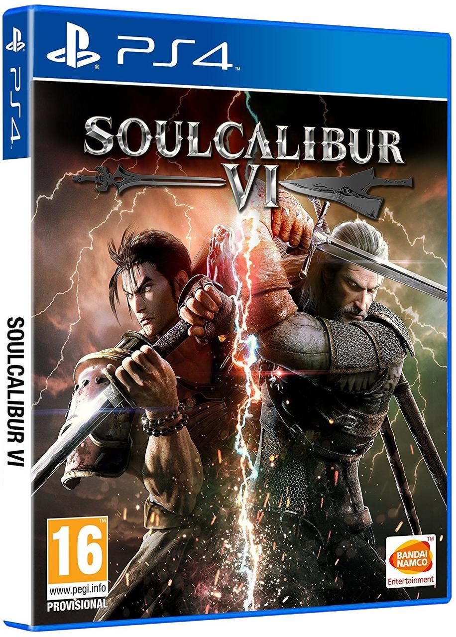 Portada del juego de PS4 para Soulcalibur VI, con dos personajes luchando con espadas.