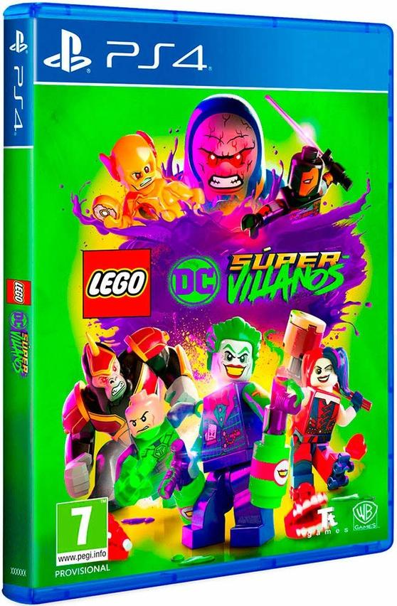 Caja del juego Lego DC Super Villanos PS4 con personajes sobre fondo verde, marco azul.