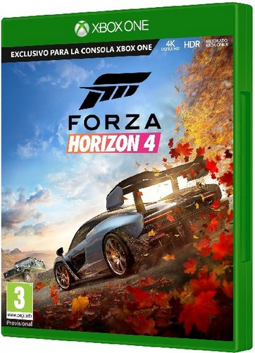 Caja del juego Forza Horizon 4. Un coche está en la portada, con hojas y lomo verde.