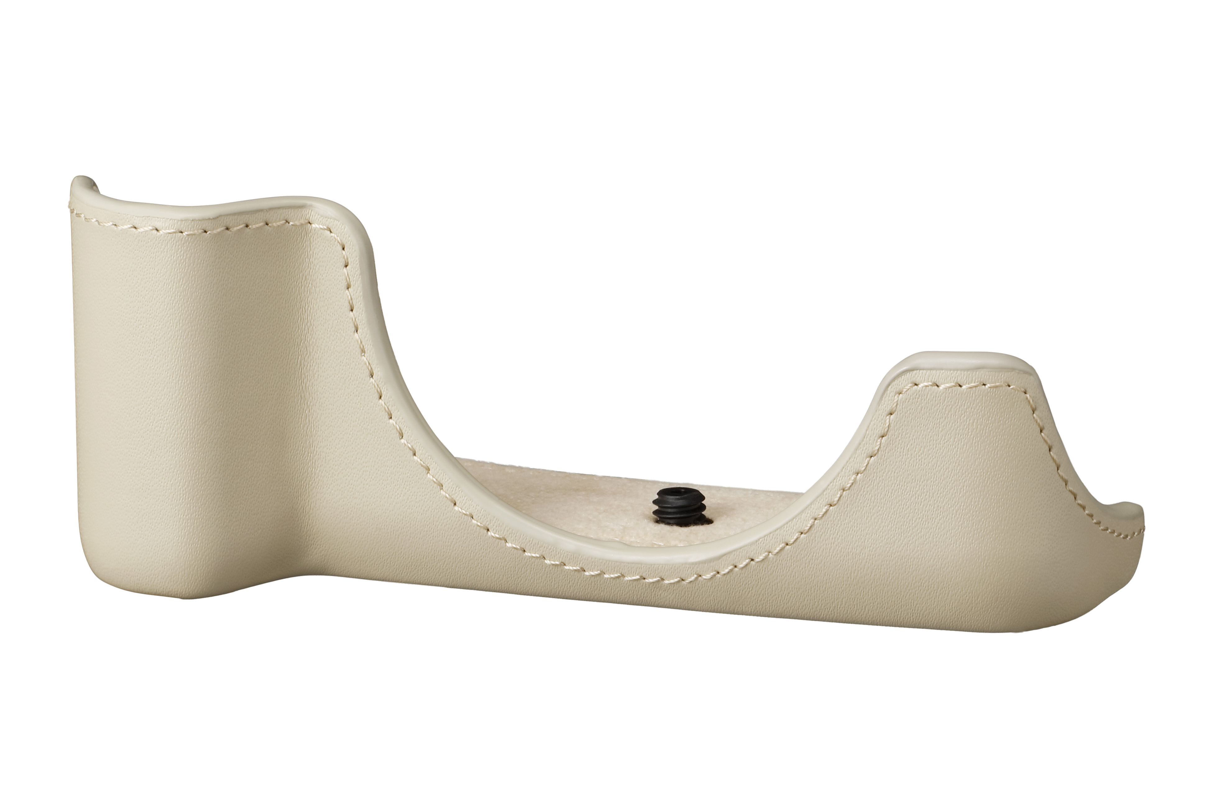 Cream-colored camera grip. It has a curved design with stitching and a black screw. Isolated on a white background.
