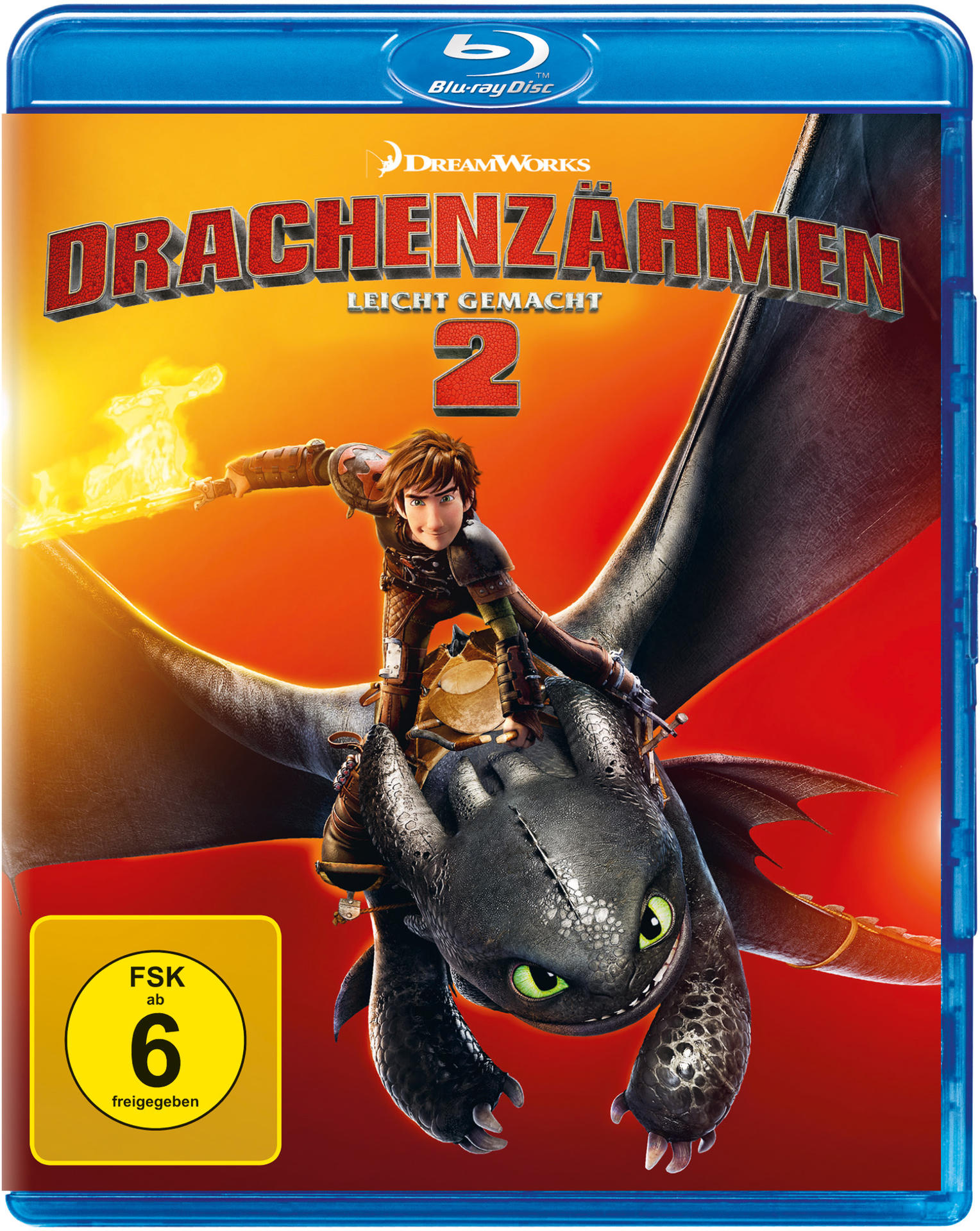 Blu-ray-Cover: Drachenzähmen leicht gemacht 2. Zeigt einen Drachen und einen Jungen, der ihn reitet, mit Feuereffekten.