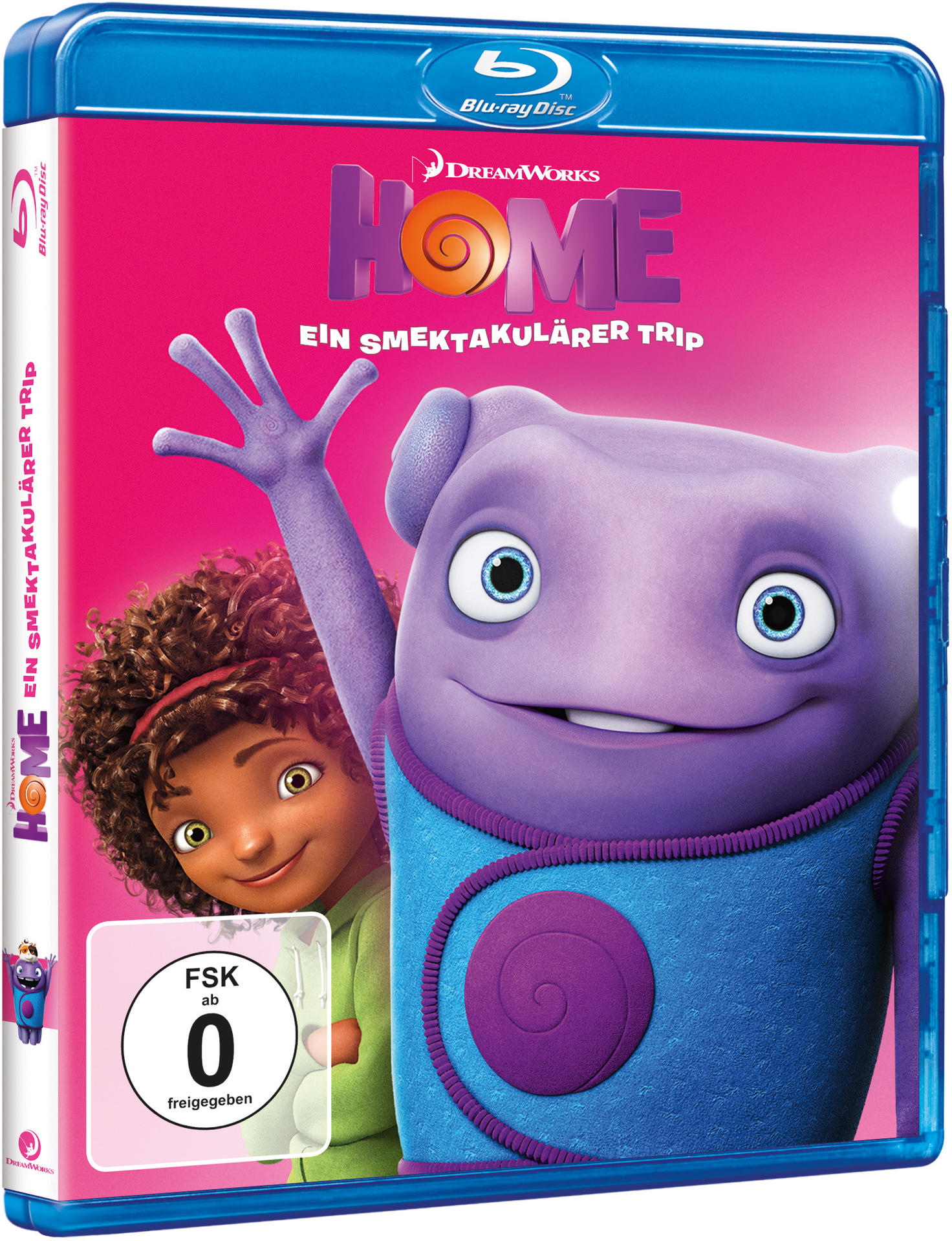 Eine Blu-ray-Filmhülle mit einer Zeichentrickfigur und dem Titel 'HOME'.