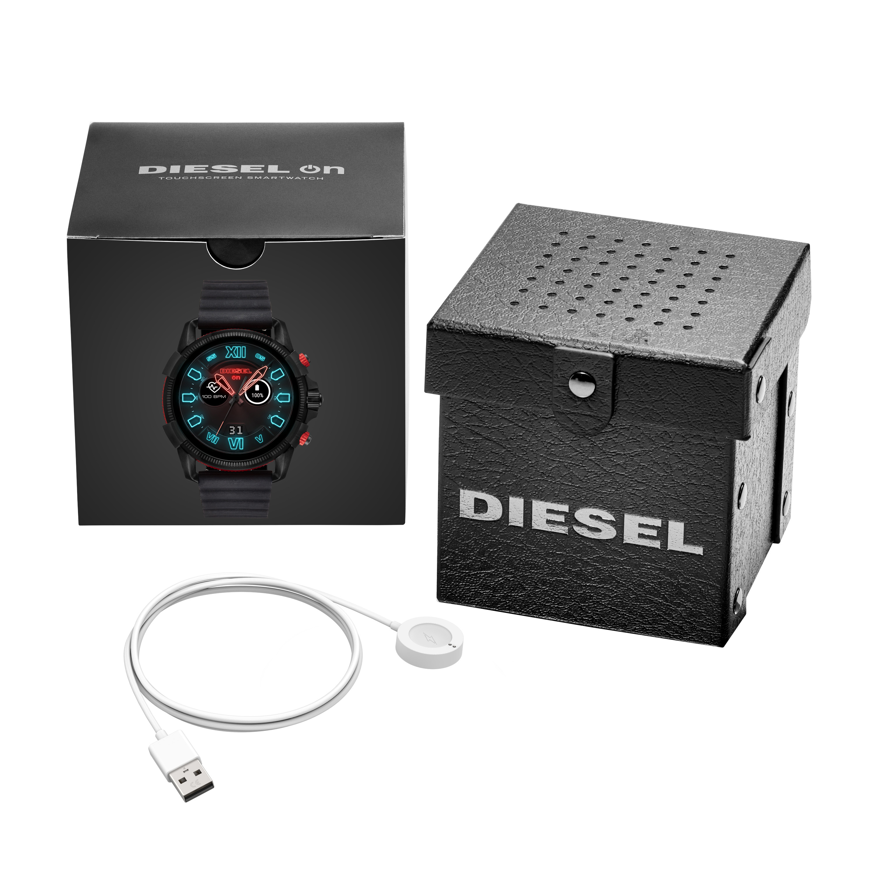 DIESEL DZT2010 Gents Full Guard 2.5 Smartwatch Edelstahl schwarz ionisiert Silikon, 200 mm, Rot/Schwarz