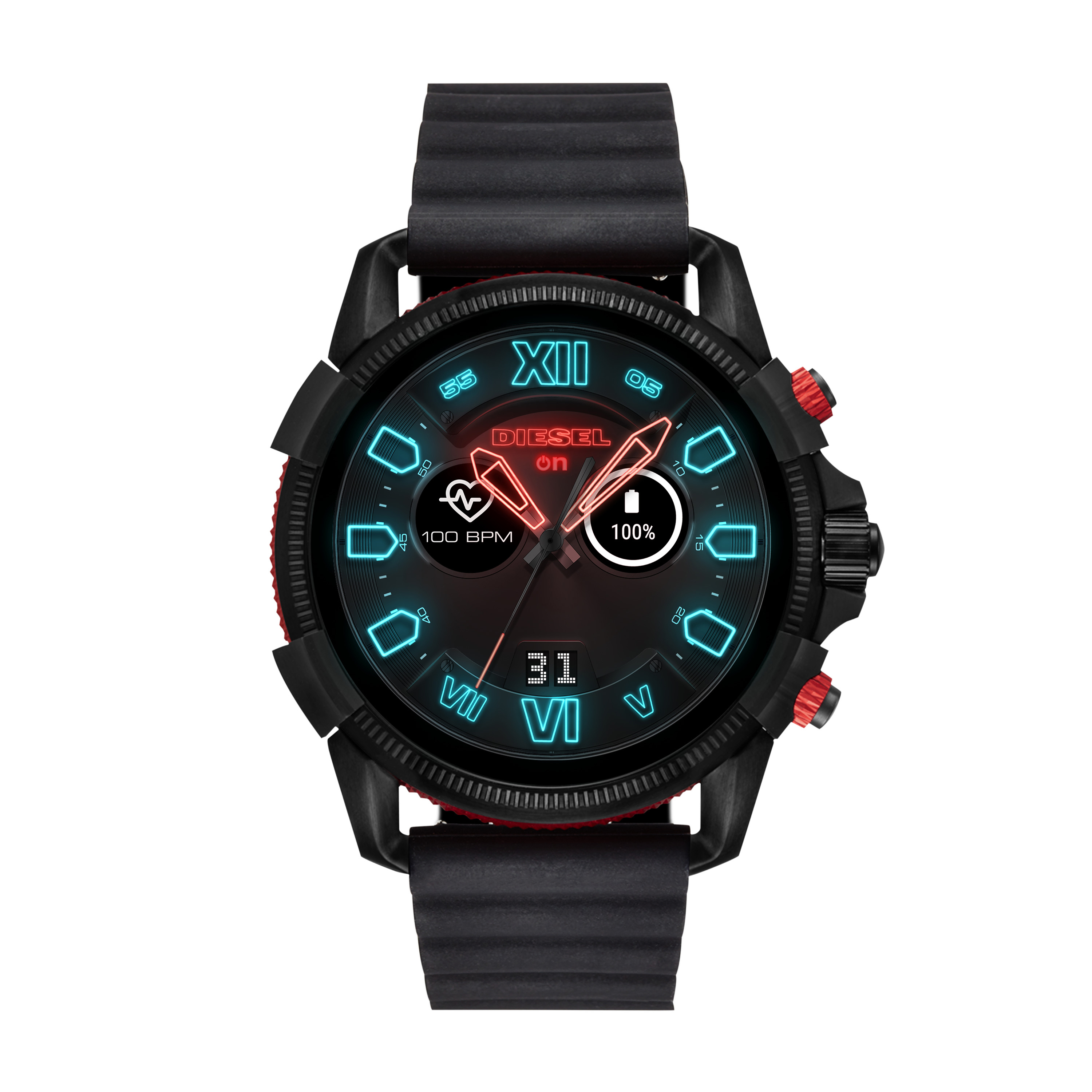 DIESEL DZT2010 Gents Full Guard 2.5 Smartwatch Edelstahl schwarz ionisiert Silikon, 200 mm, Rot/Schwarz