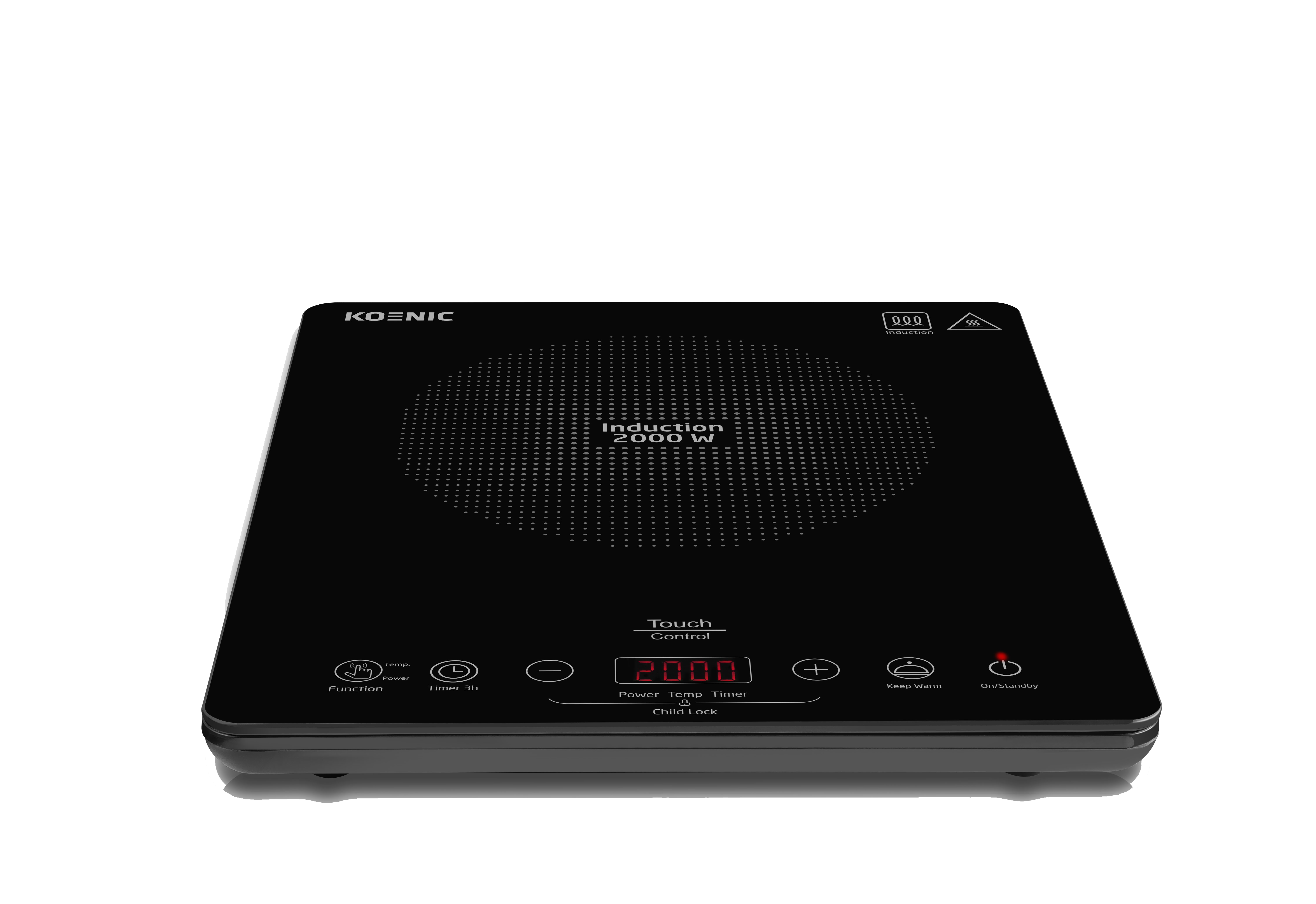 Zwarte inductiekookplaat. Hij heeft een touchscreen bedieningspaneel, geeft '2000W' weer en heeft functies voor vermogen, timer en kinderslot.