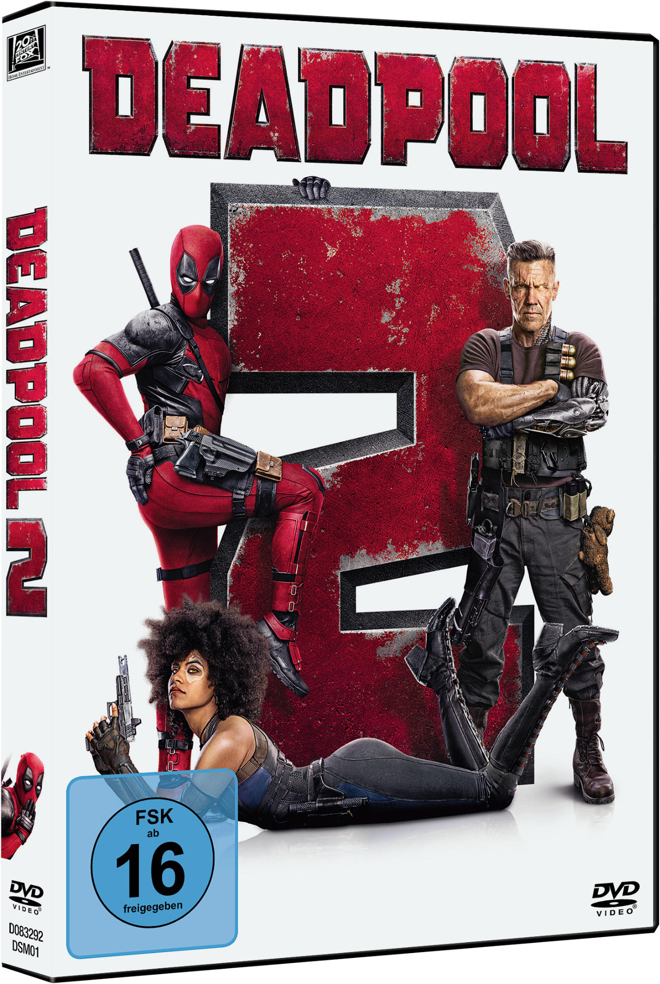 Deadpool 2 DVD-Cover mit Charakteren. Deadpool, Cable und Domino werden in Actionposen gezeigt.