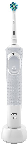 Cepillo de dientes eléctrico Oral-B blanco sobre una base de carga.