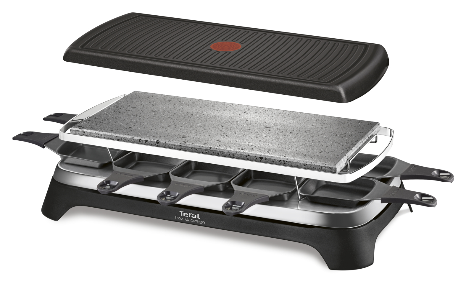 A black and silver raclette grill with a stone and a lid. It is on a white surface. The background is white.