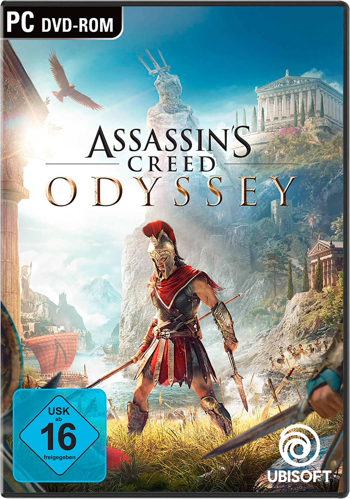 Spielcover: Assassin's Creed Odyssey mit einem Krieger, der einen Speer hält.