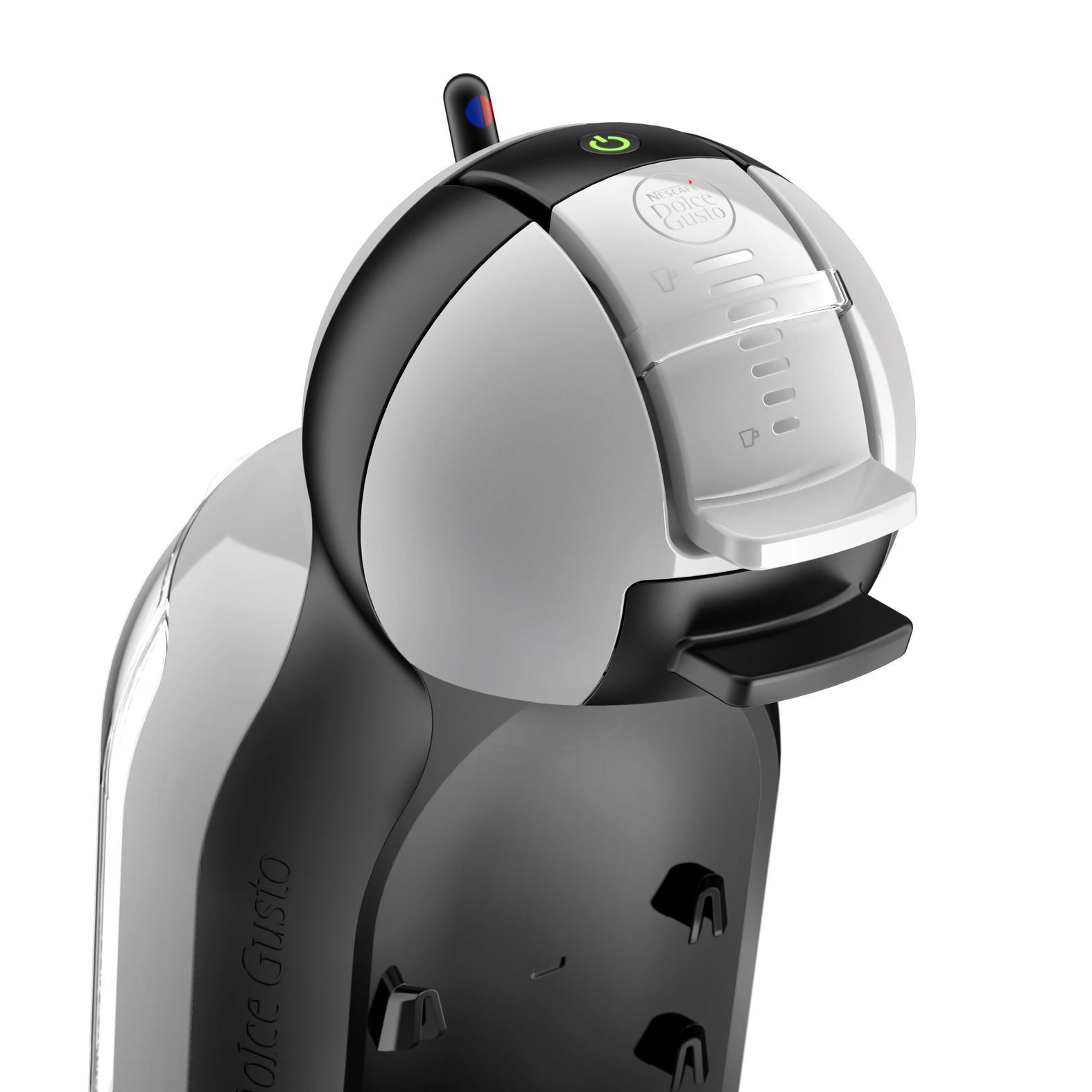 Cafetière Dolce Gusto noire, argentée et blanche, fond blanc.