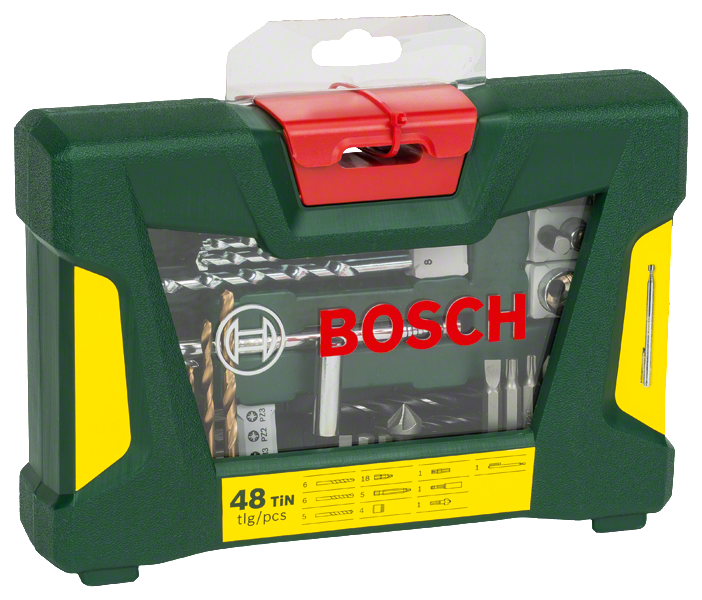 Zöld-sárga szerszámos doboz szerszámokkal, benne a BOSCH logóval.