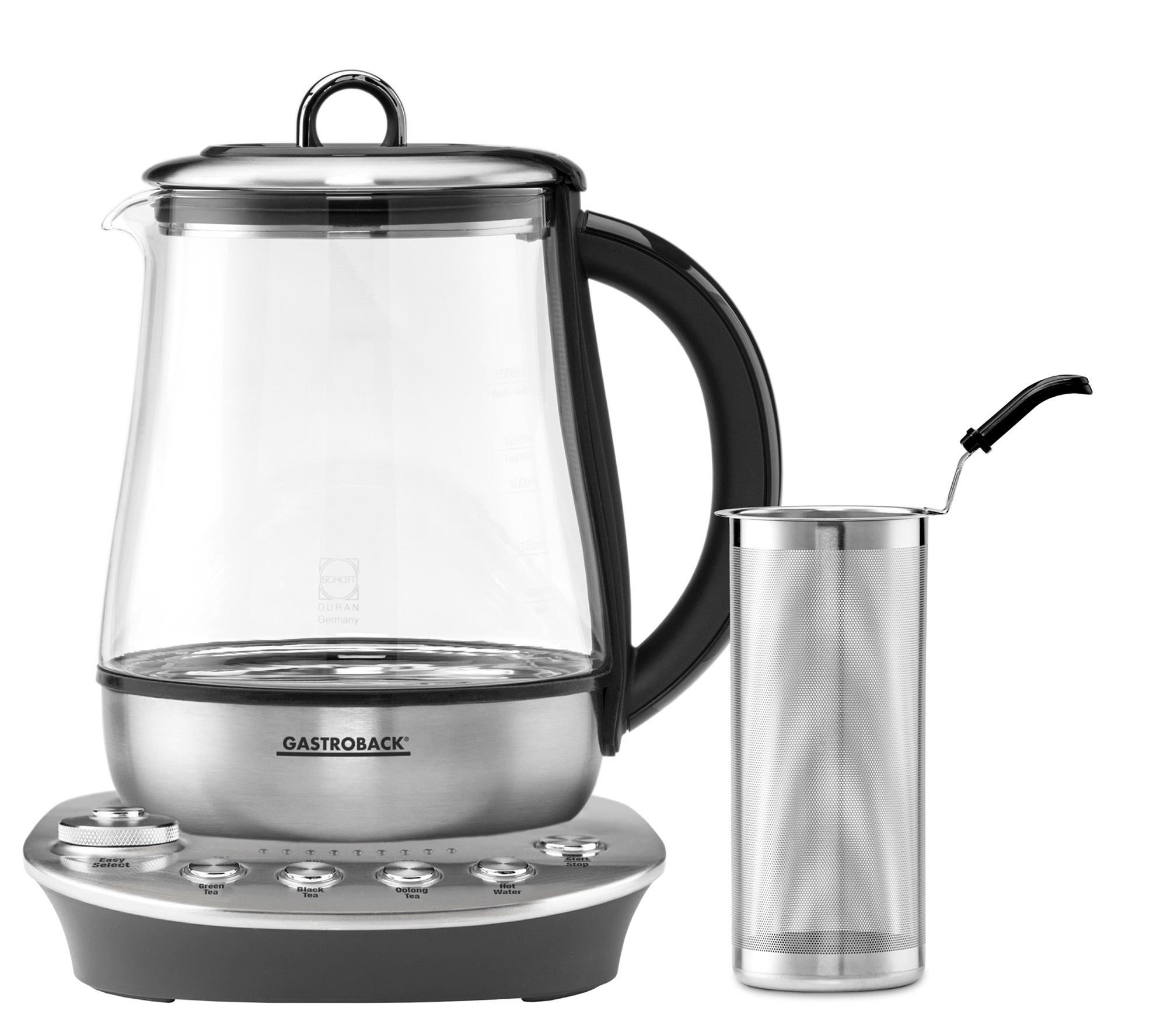 GASTROBACK 42434 Design Tea Aroma Plus Teekocher (1400 Watt , Edelstahl/Schwarz)