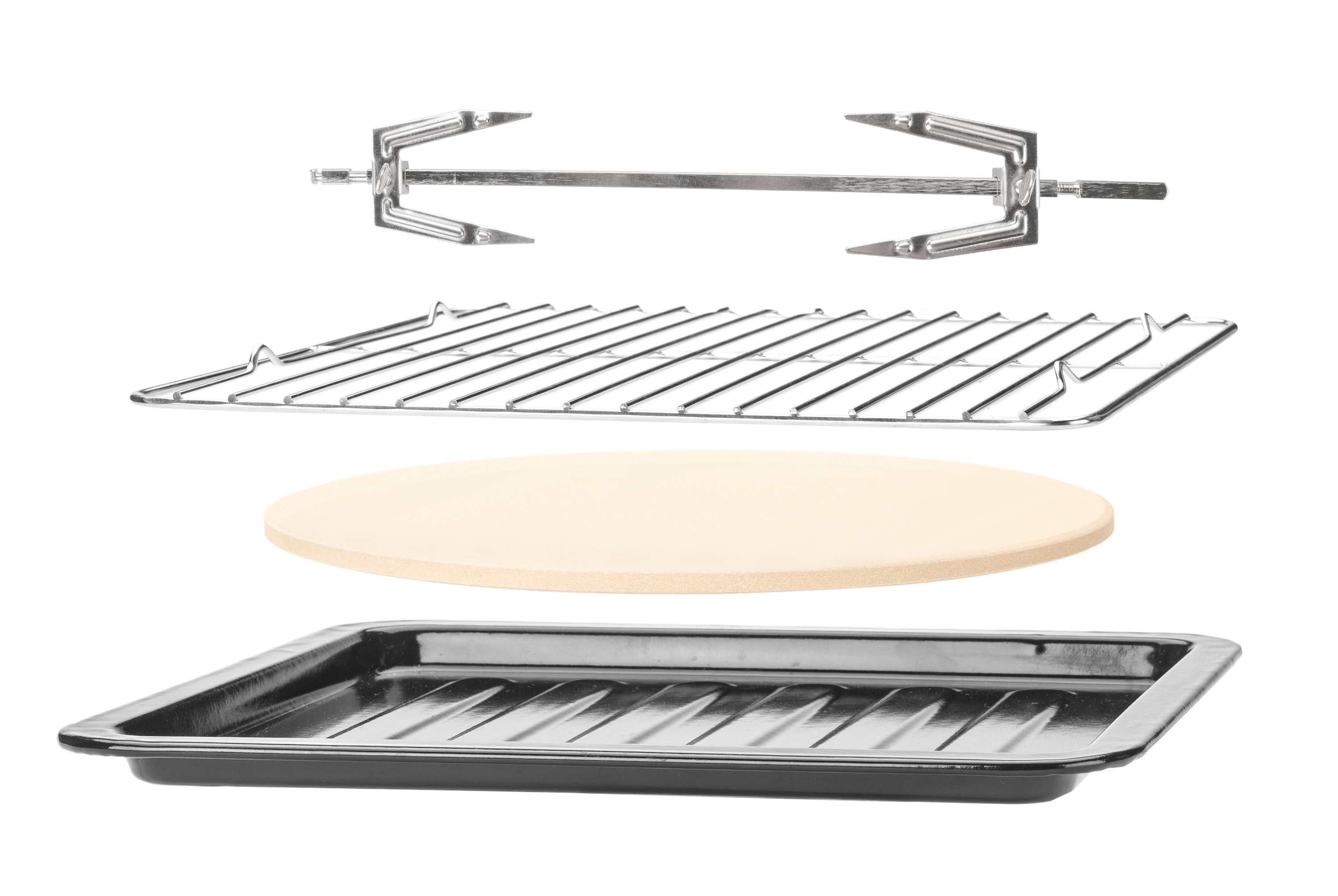 Ofenkomponenten: Drehspieß, Grillrost, Pizzastein und Backblech.