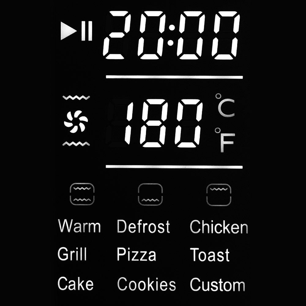 Schwarze Digitalanzeige mit Zeit, Temperatur und Kochoptionen: Warm, Auftauen, Grillen, Kuchen usw.