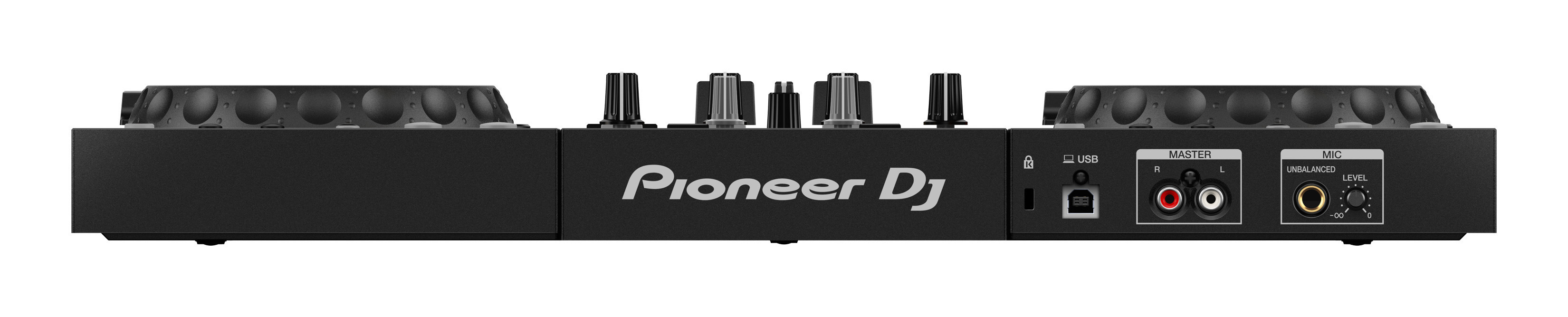 Schwarzer DJ-Mixer mit verschiedenen Knöpfen und Anschlüssen.