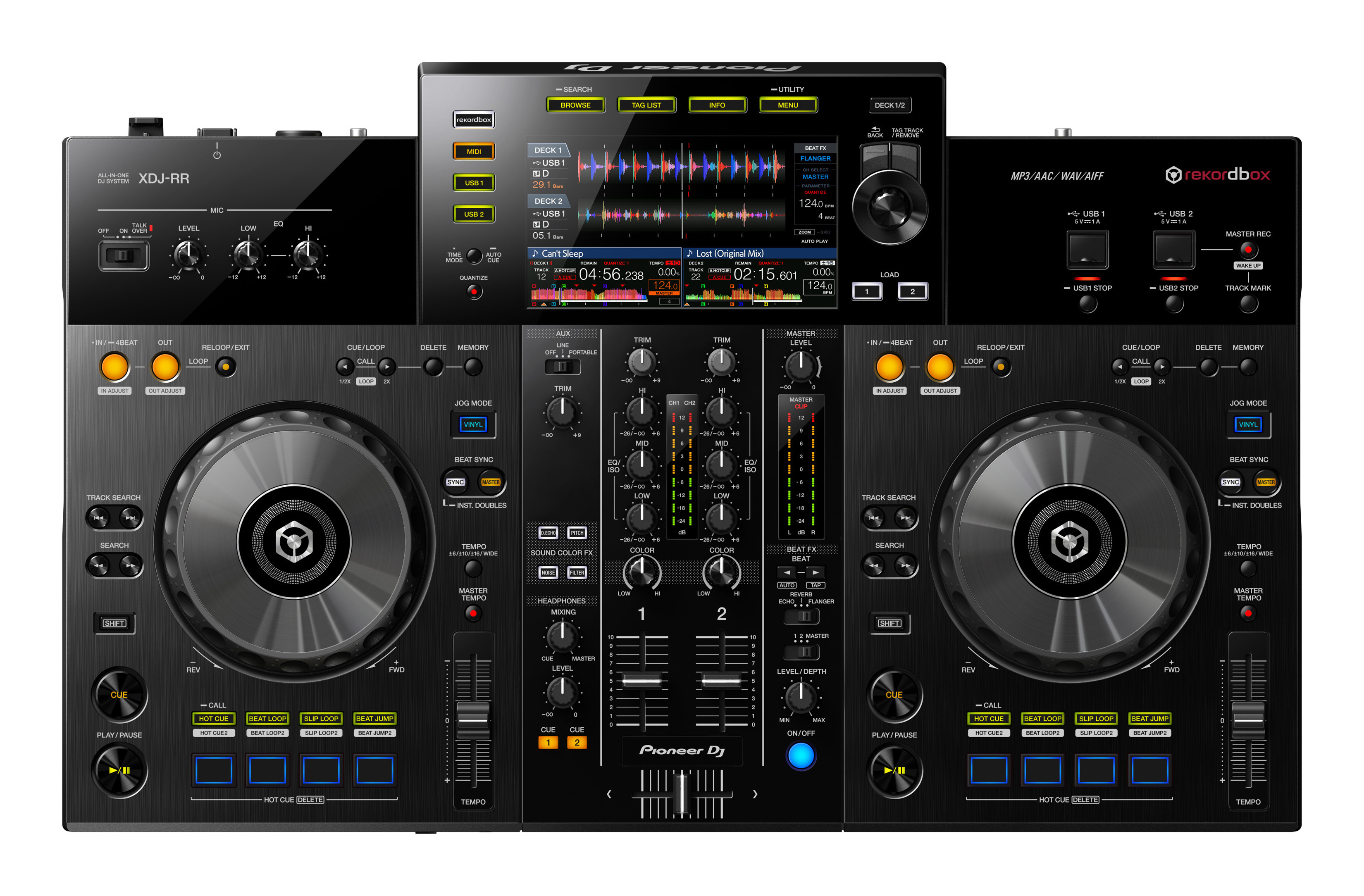 Ein Pioneer DJ-Controller. Er hat zwei Plattenspieler, einen zentralen Mixer und einen Bildschirm.