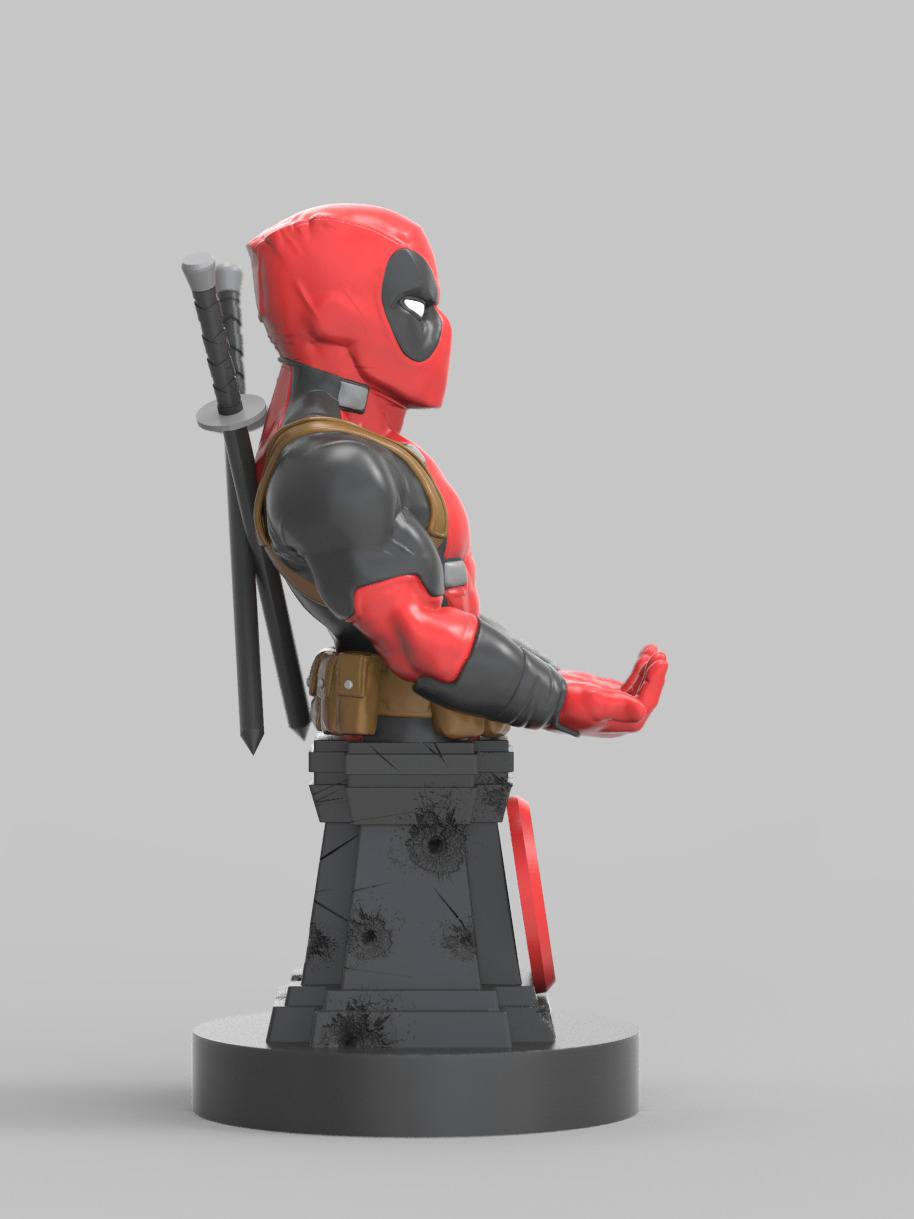 Deadpool Büste. Roter Anzug, schwarze Augen und zwei Schwerter am Rücken. Graue Basis mit Einschusslöchern.