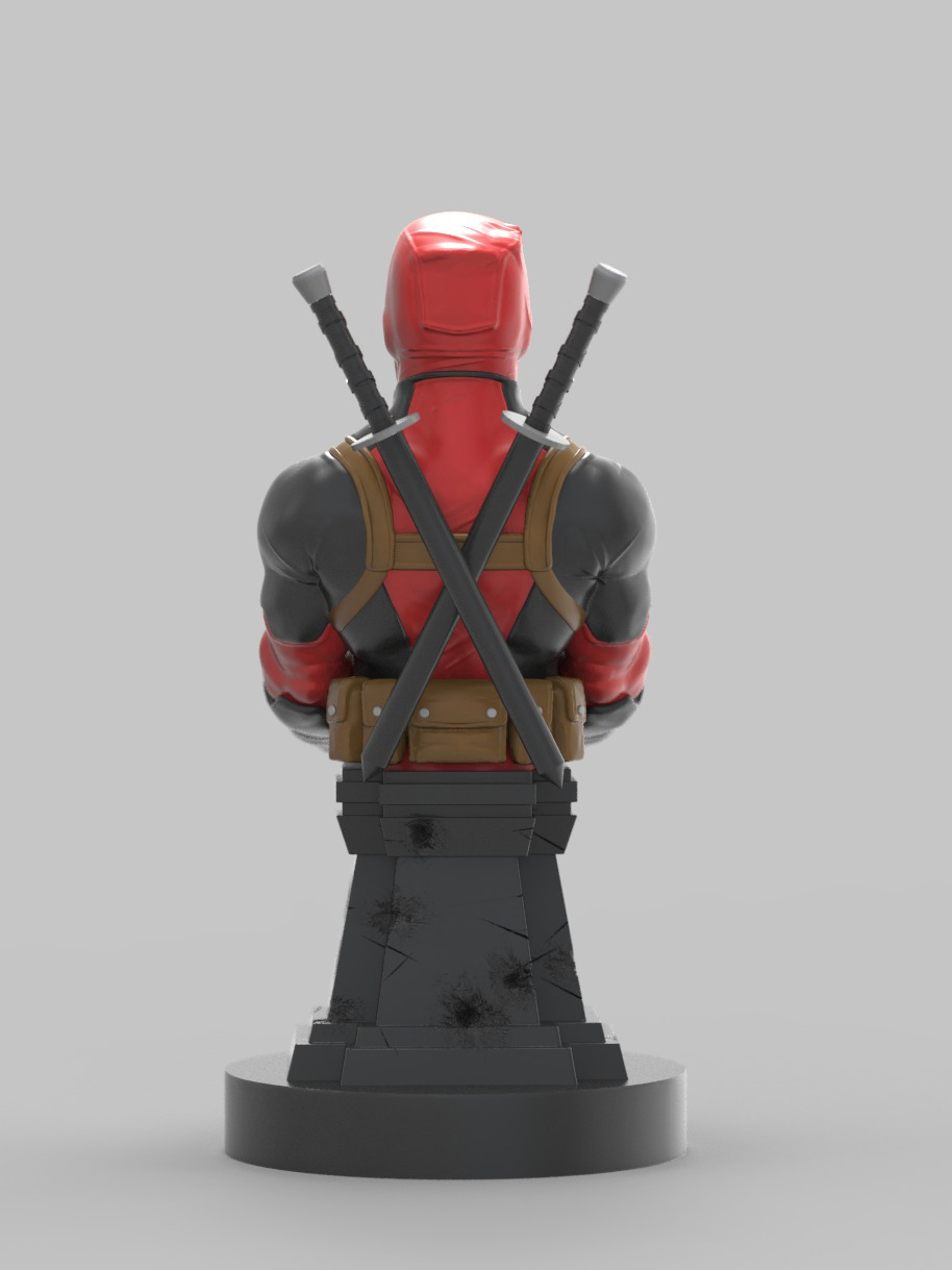 Deadpool-Büste von hinten mit Schwertern. Roter und schwarzer Anzug auf schwarzer Basis.