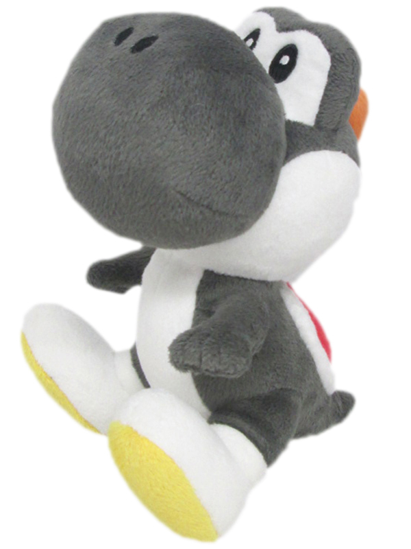 Ein Plüschtier von Yoshi. Er hat einen grauen Kopf, Rücken und Arme, mit weißem Bauch, Füßen und gelben Sohlen.